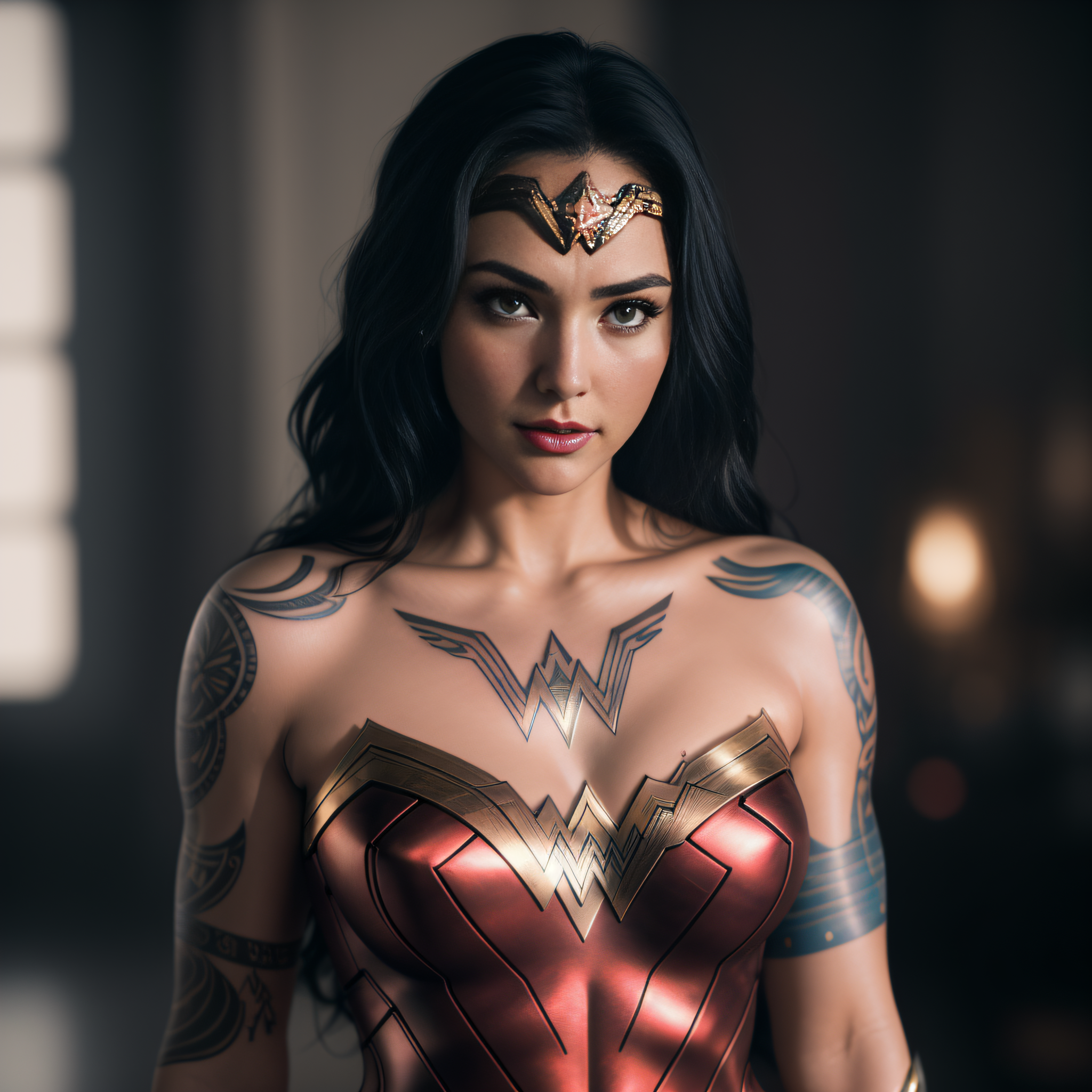 Stable Diffusion prompt: Wonder Woman, happy, tattoo, metal lingerie, (tattoos), (full body visible), loo...