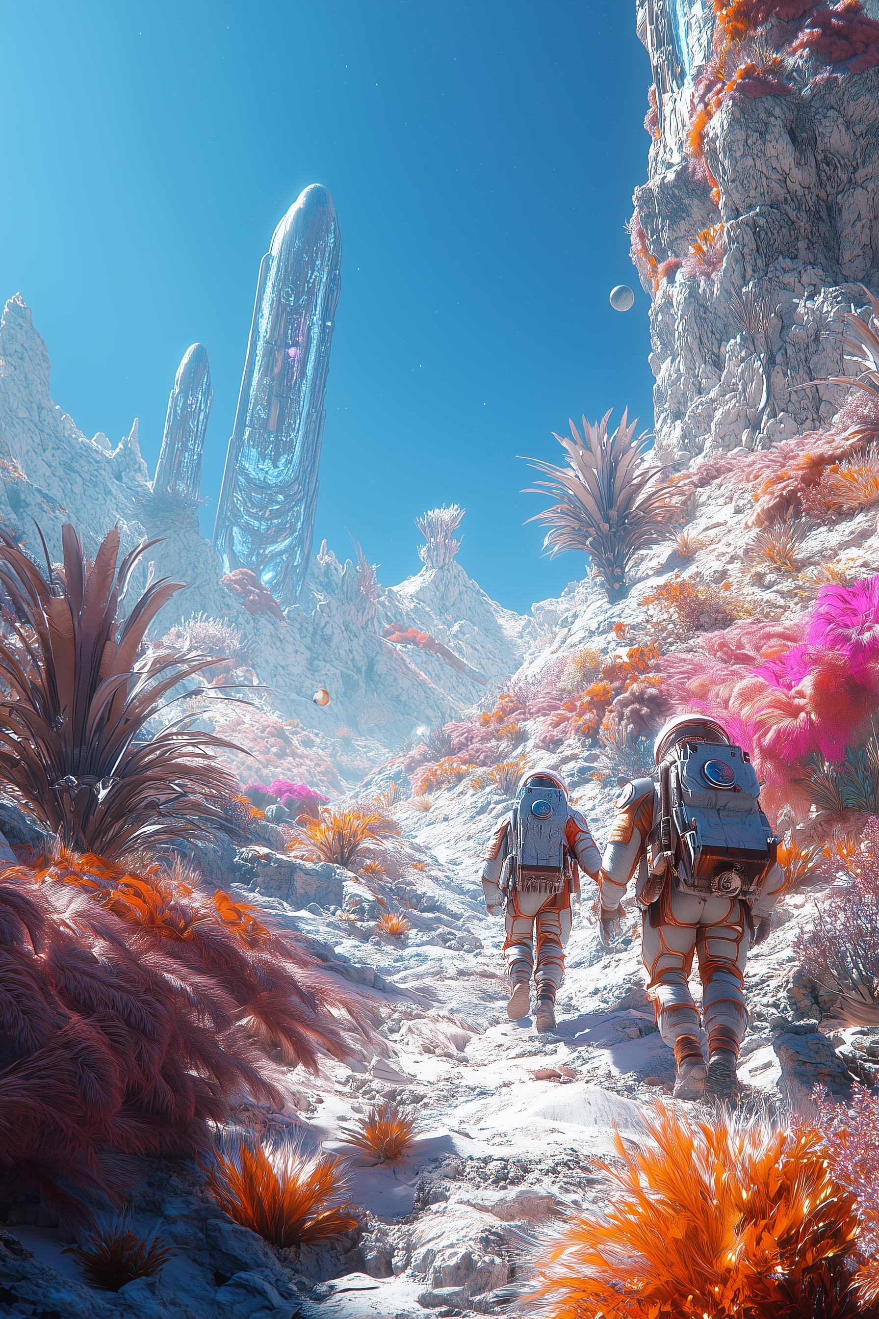 Midjourney prompt: A surreal alien landscape with giant, otherworldly plants and creatures in the f...
