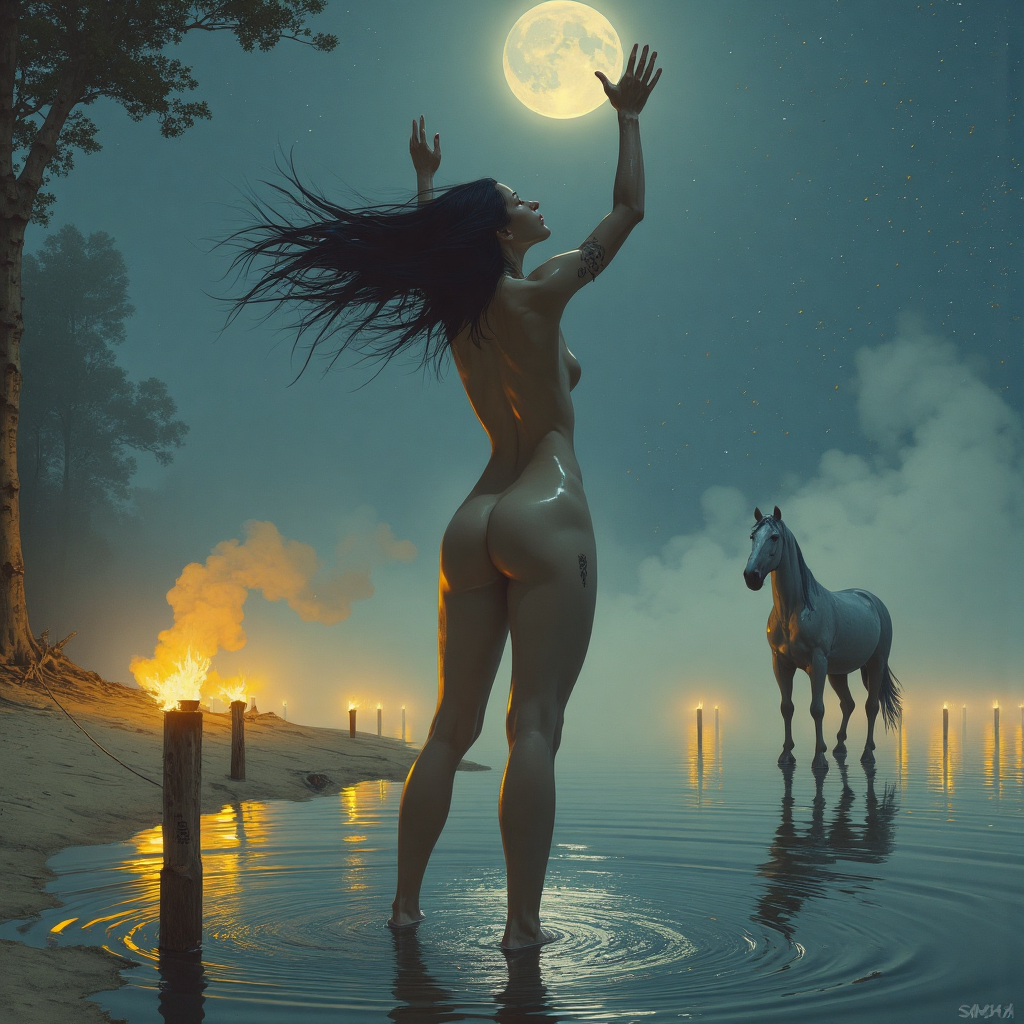 FLUX prompt: In the textured realism of Simon Stålenhag, a moon-worshiping priestess stands a...
