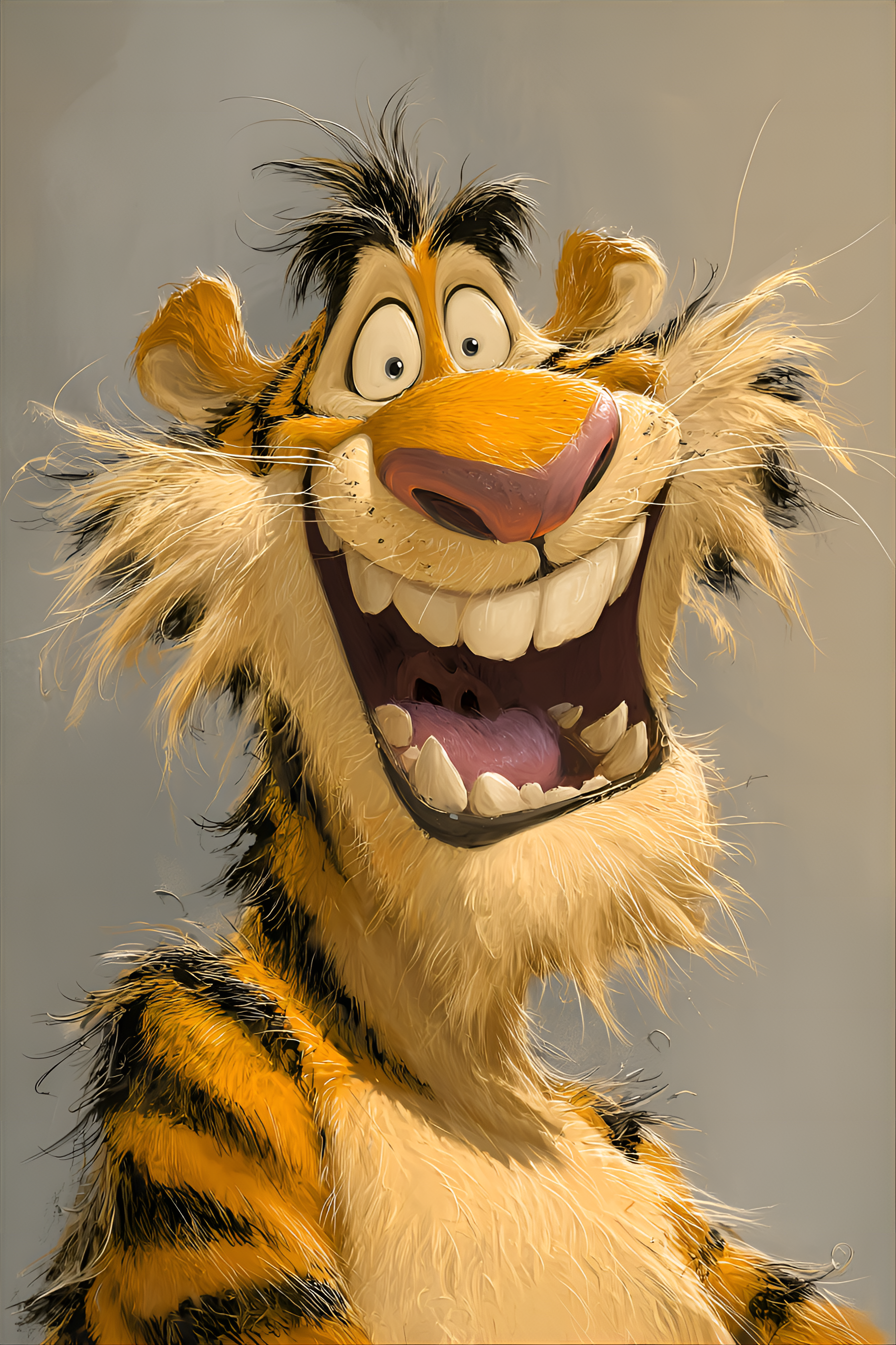 Midjourney prompt: funny caricature, comical tiger character, male, unspecified ethnicity, 35 years...
