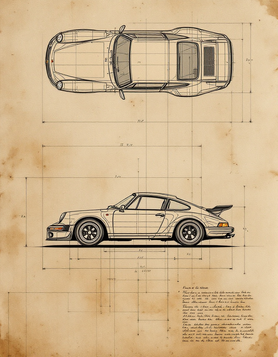 FLUX prompt: Porsche 911 GT3 technical draw, like vintage drawings on old paper. in the same ...