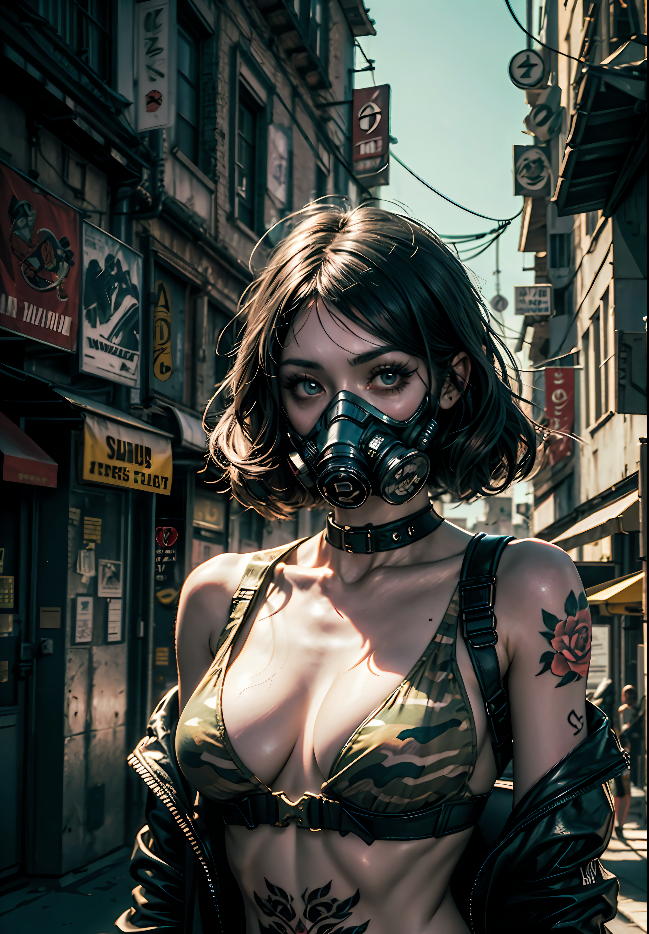 ReV Animated prompt: masterpiece, mid shot, a woman with full flower tattoos and a gas mask, dynamic ...