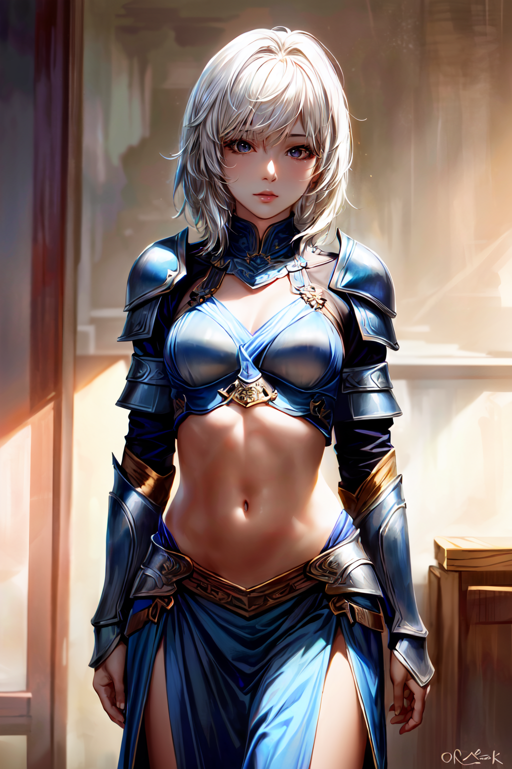 Kenshi prompt: white hair, intricate azure armor, detailed gorgeous face, beautiful young South...