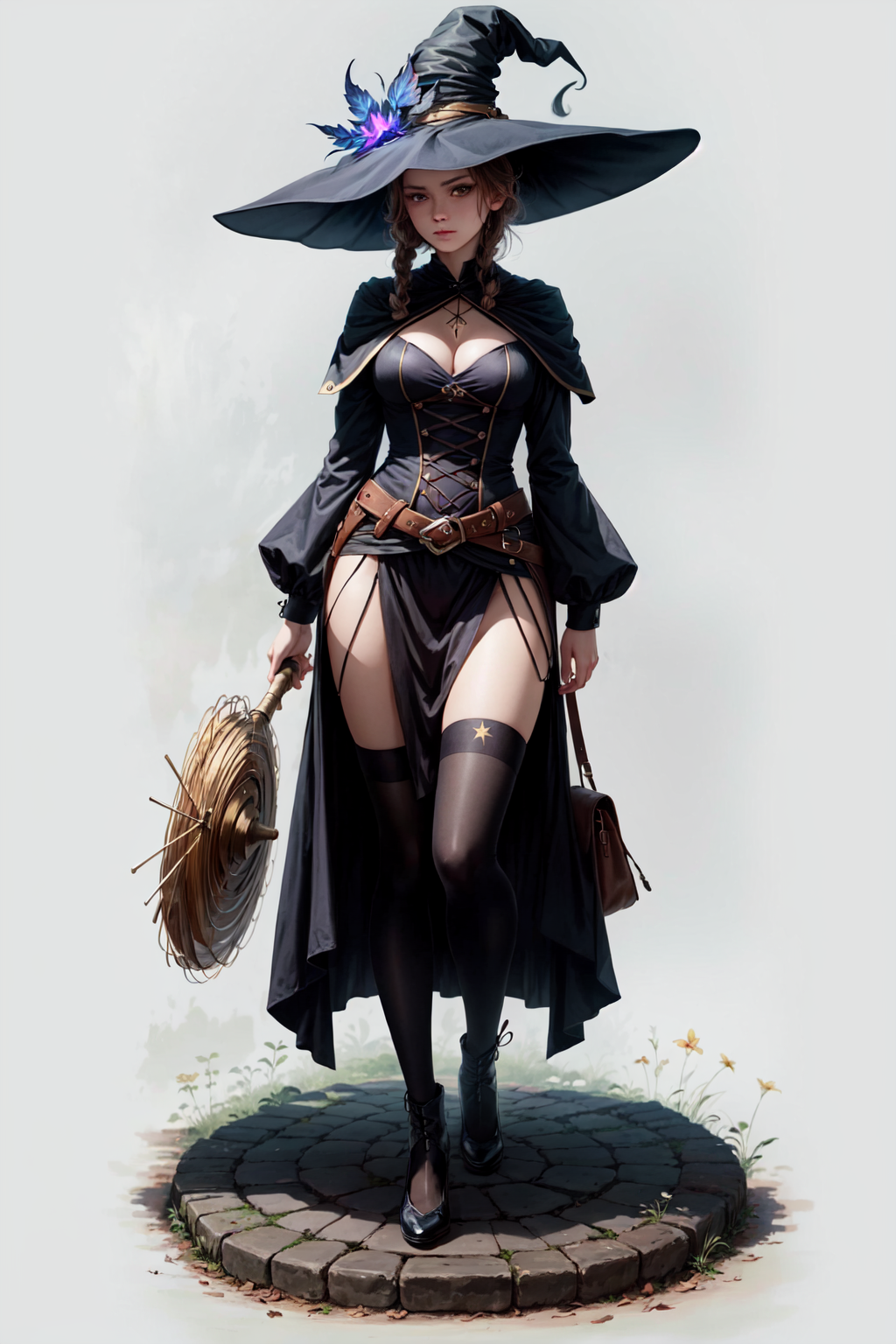 UnstableInkDream prompt: rugged girl witch wearing a magic school uniform, large wide-brimmed witch hat, ...