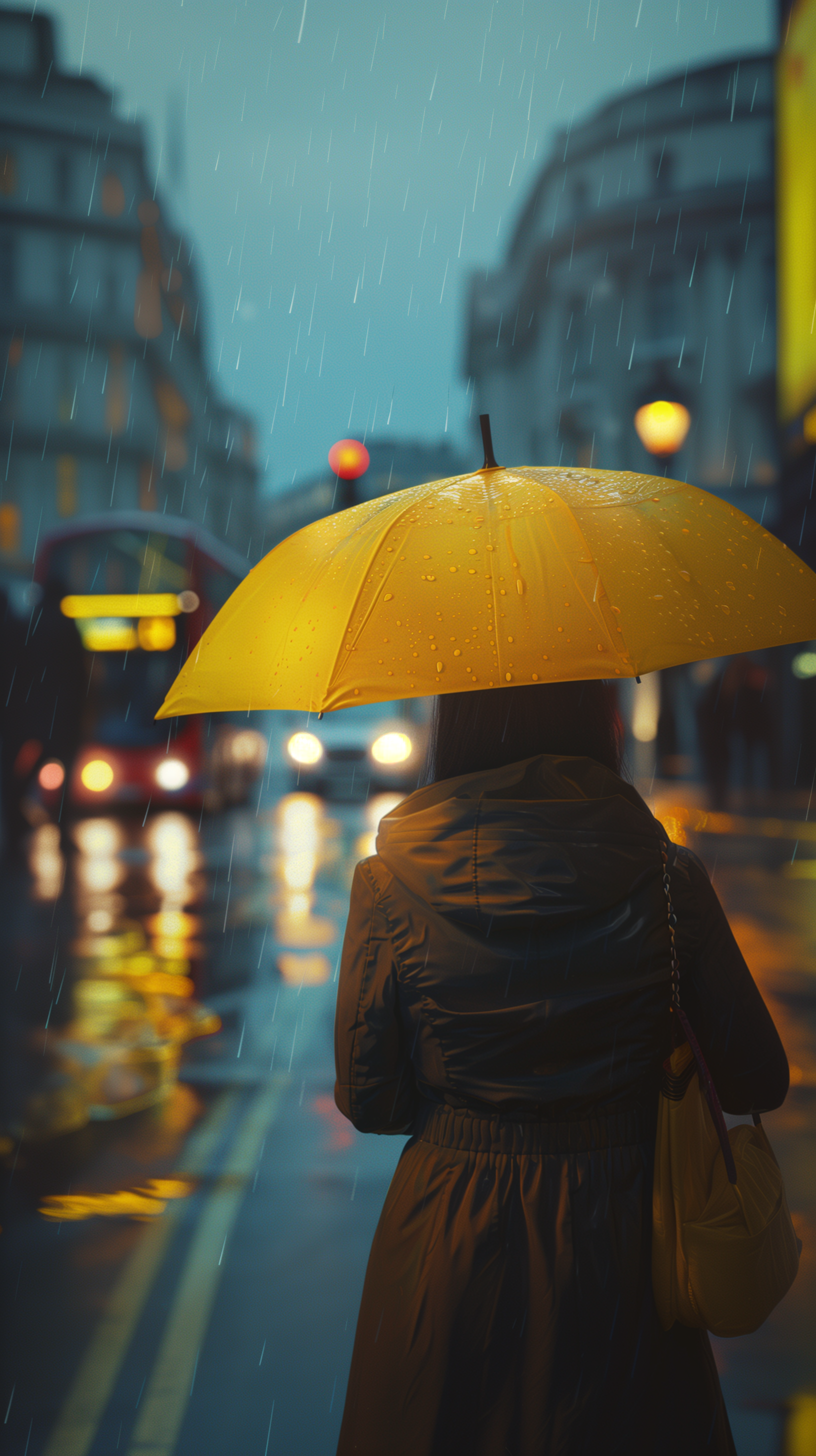 Midjourney prompt: 3d render, cinematic, candid view, heavy fog with rain, yellow umbrella with wom...