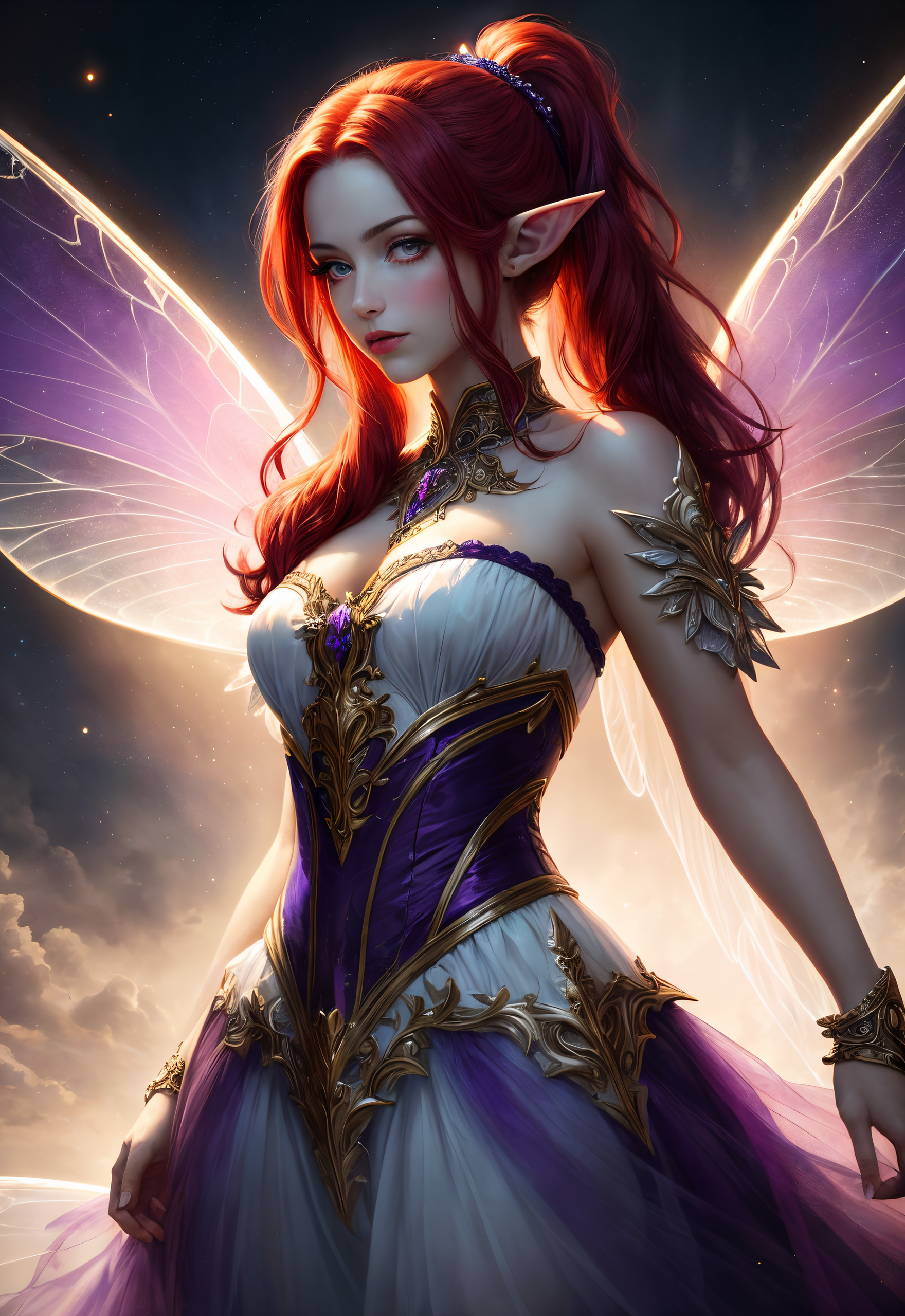 DreamShaper prompt: oil painting, a female fairy with red hair , purple eyes , elf ears, red hair st...