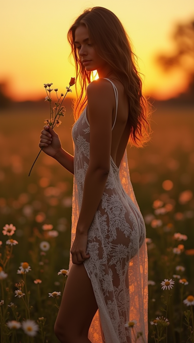 FLUX prompt: A beautiful tanned young woman stands in a field with flowers at sunset, wearing...