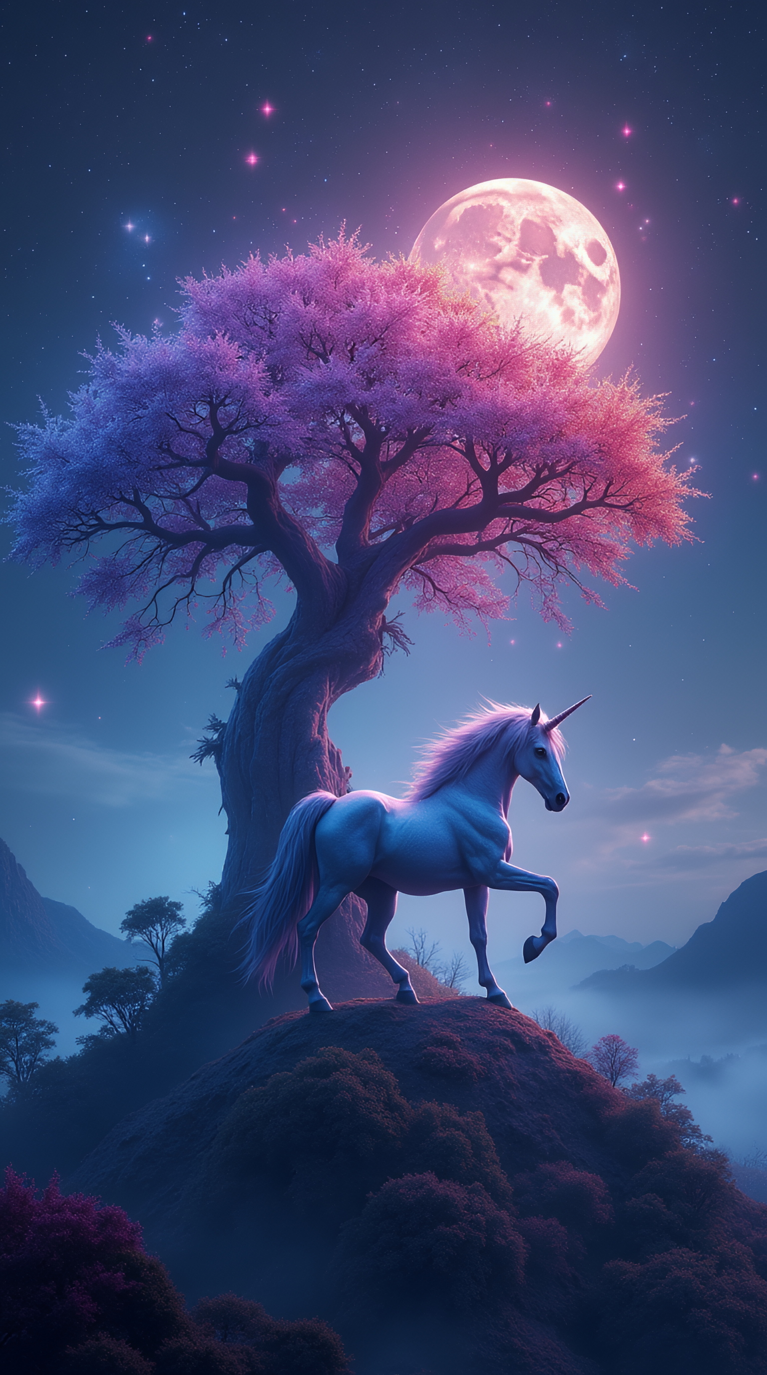 FLUX prompt: A mystique place on a Hill with a very colourful ghostly glowing tree,,misty,fir...
