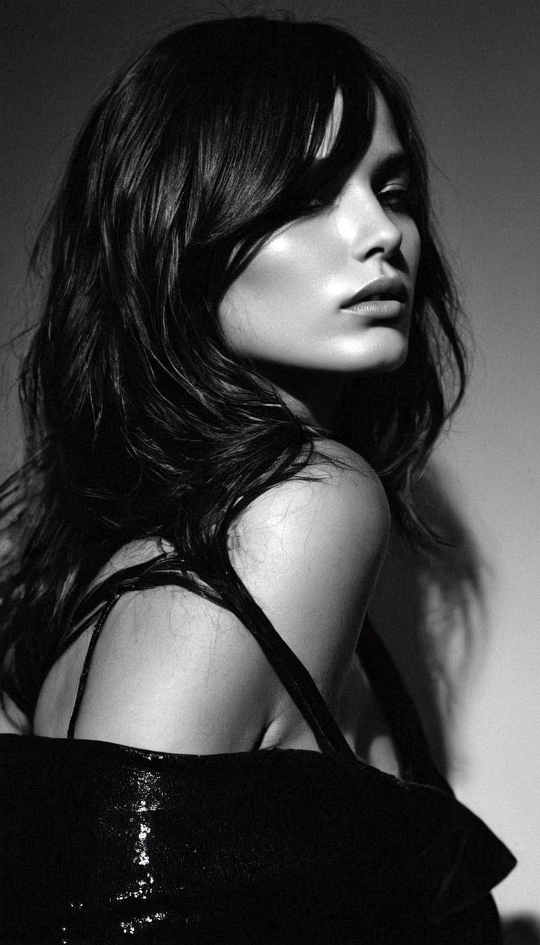 Stable Diffusion prompt: black and white photography, fashion editorial, a close up portrait of darkhaire...