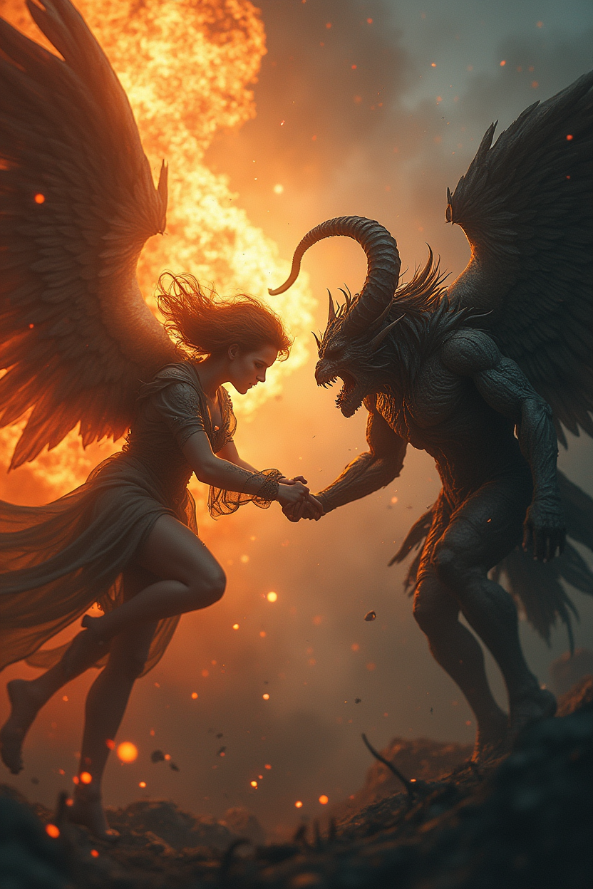 FLUX prompt: conflict scenes between an angel and a demon,in a fantasy world,very inspired by...