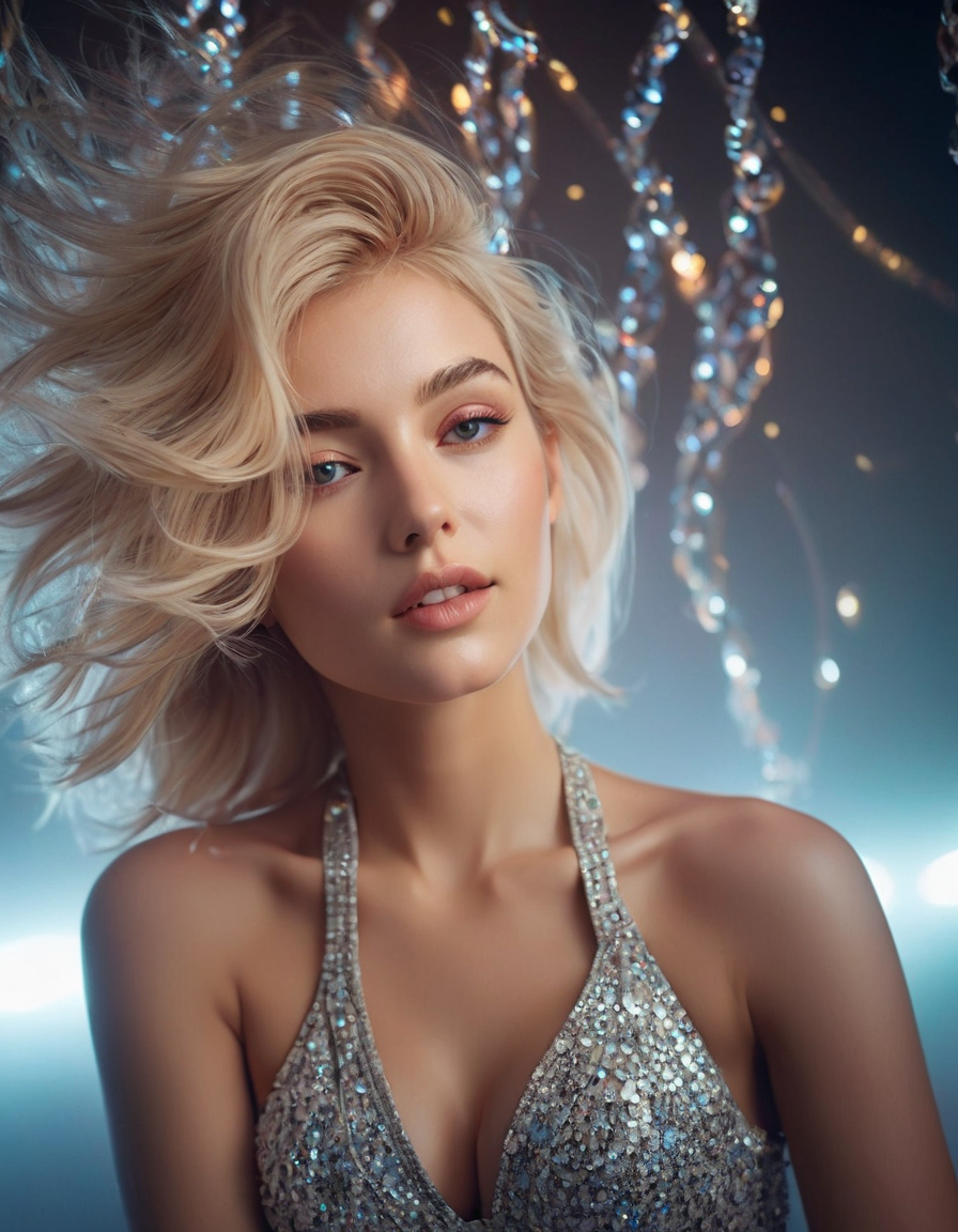 Realistic Vision V2.0 prompt: studio lighting, bokeh, light fog around, blond woman floating in the air, messy...
