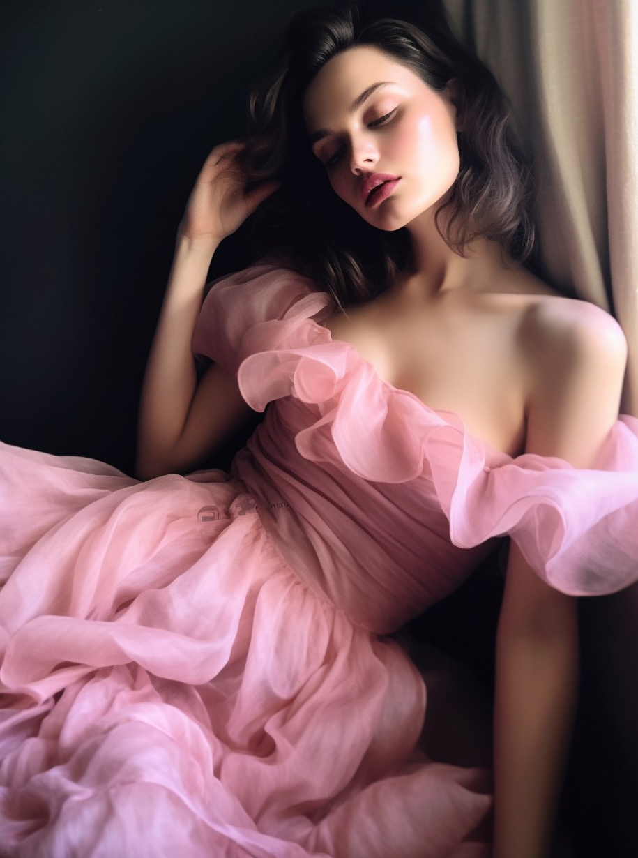 Midjourney prompt: Photo of a woman in a pink dress posing for a picture, inspired by Lillian Bassm...