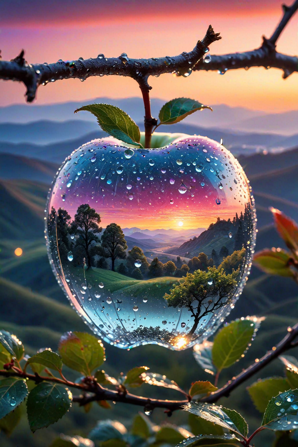 Stable Diffusion prompt: ((a delicate big apple)), made of diamond hung on branch in a beautiful dawn, in...