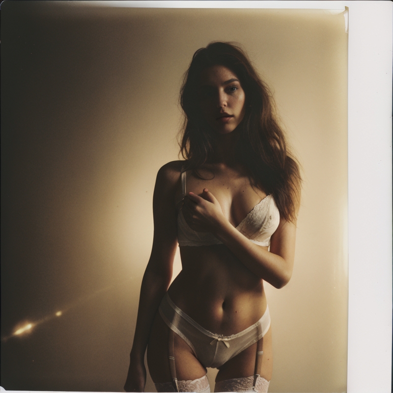 epiCRealism prompt: Halfbodycamera flash fashion model (casting:1.3) (Polaroid:1.1) with light leaks...