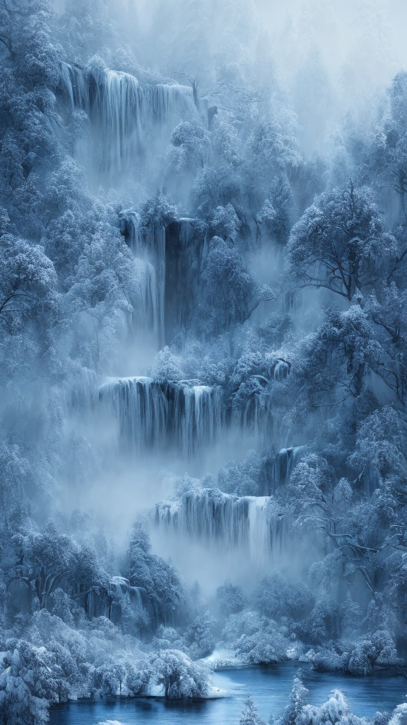 Openjourney prompt: winter landscape, blue color, Bokeh, the waterfall, fog over the lake, insanely ...