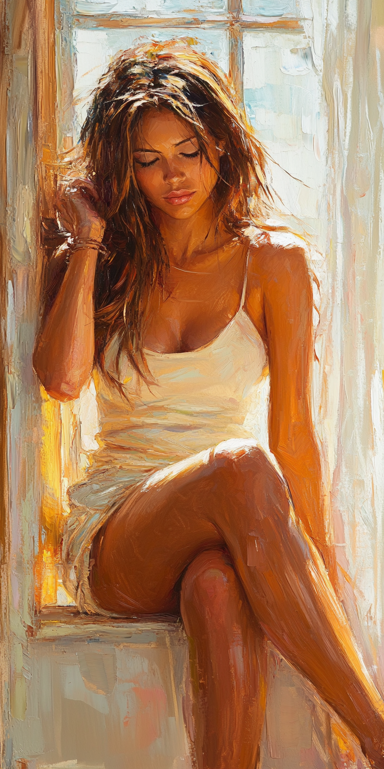 Midjourney prompt: Impressionist oil painting of a woman sitting by a window, in the style of Claud...