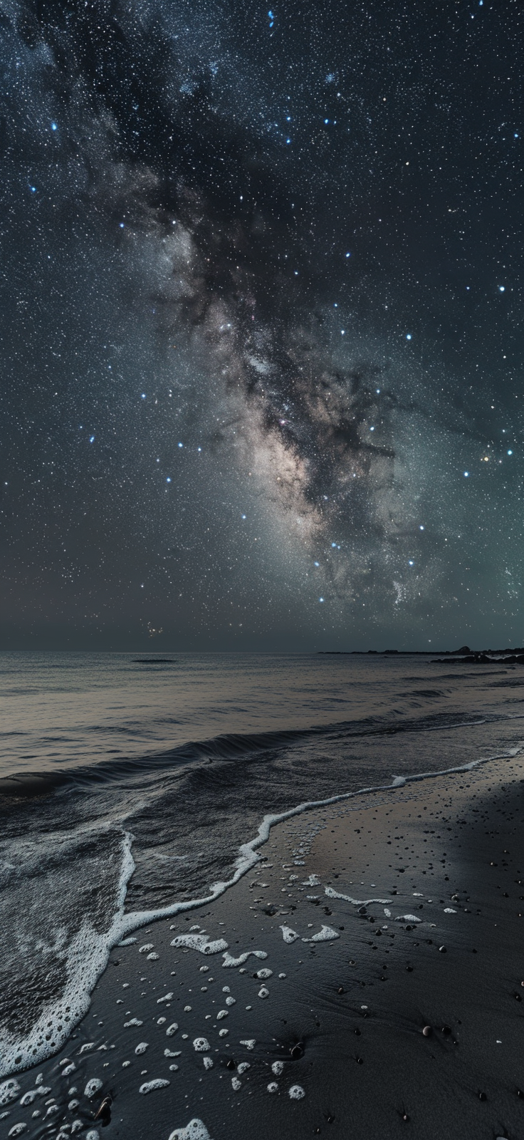 Midjourney prompt: The starry sky shines on the beach, with dark gray sand and shallow water in fro...