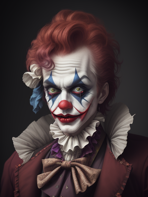 DreamShaper prompt: Fashion photography of a joker, 1800s renaissance, clown makeup, editorial, insa...