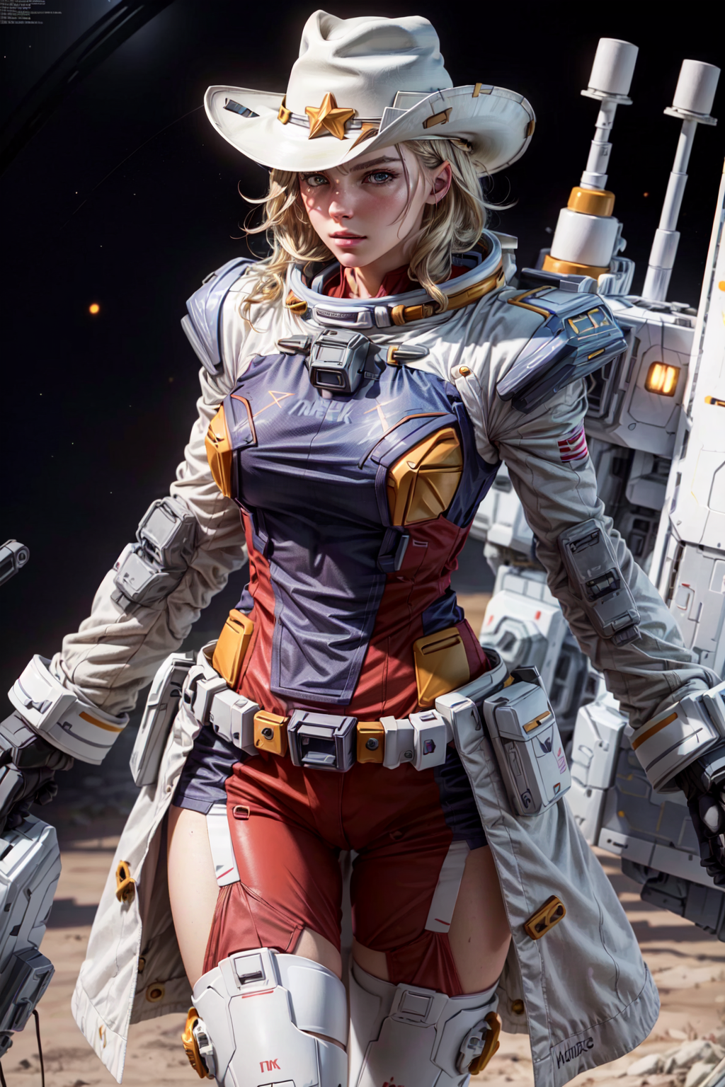 UnstableInkDream prompt: (Space Cowgirl:1.4), (trenchcoat:1.4), (cowboy hat:1.4), Gundam armor and glowin...
