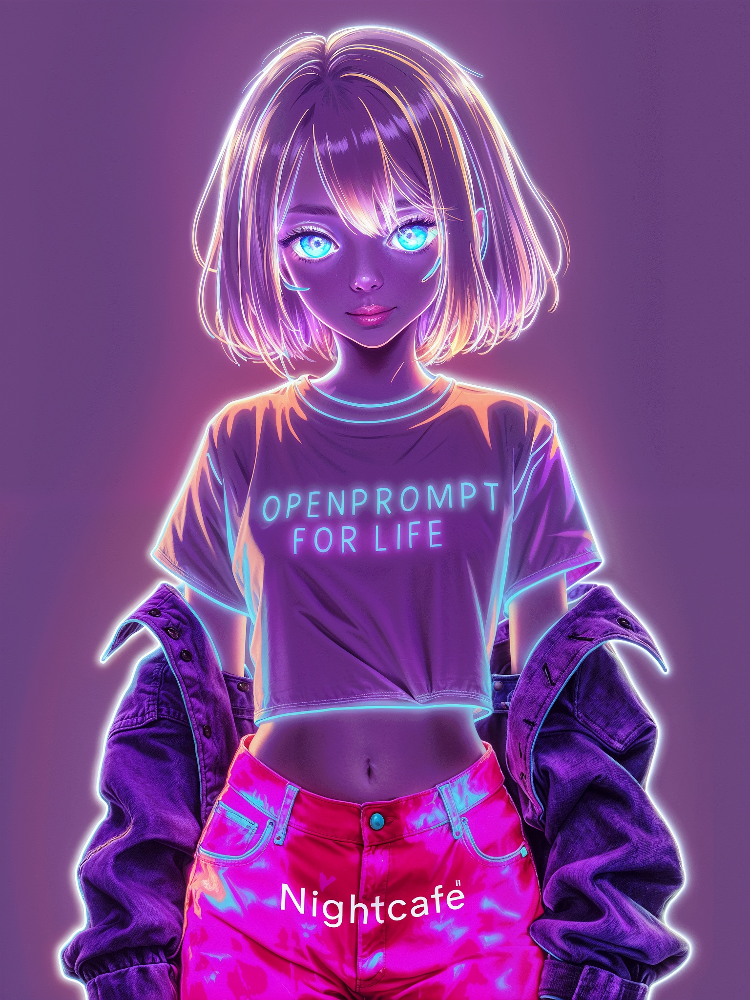 SD XL prompt: A stunning, glowing FLUORECENT neon Anime Female Character that emits an otherwo...