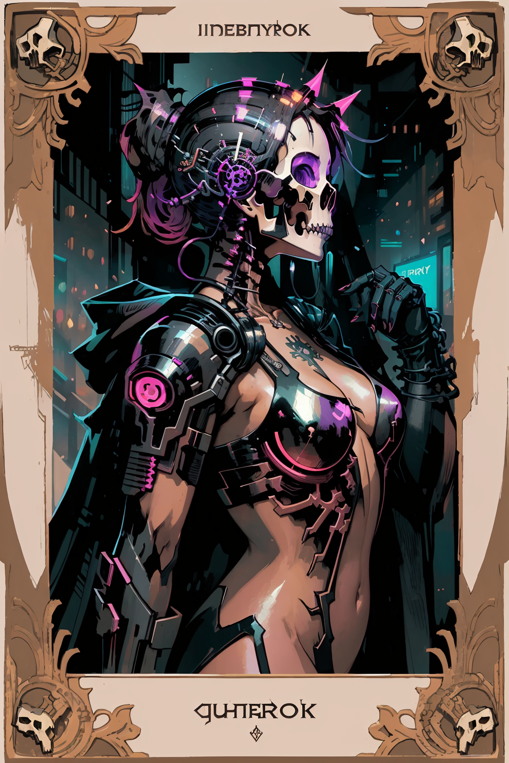 ReV Animated prompt: tarot card with intricate detailed frame around the outside |side profile of cyb...
