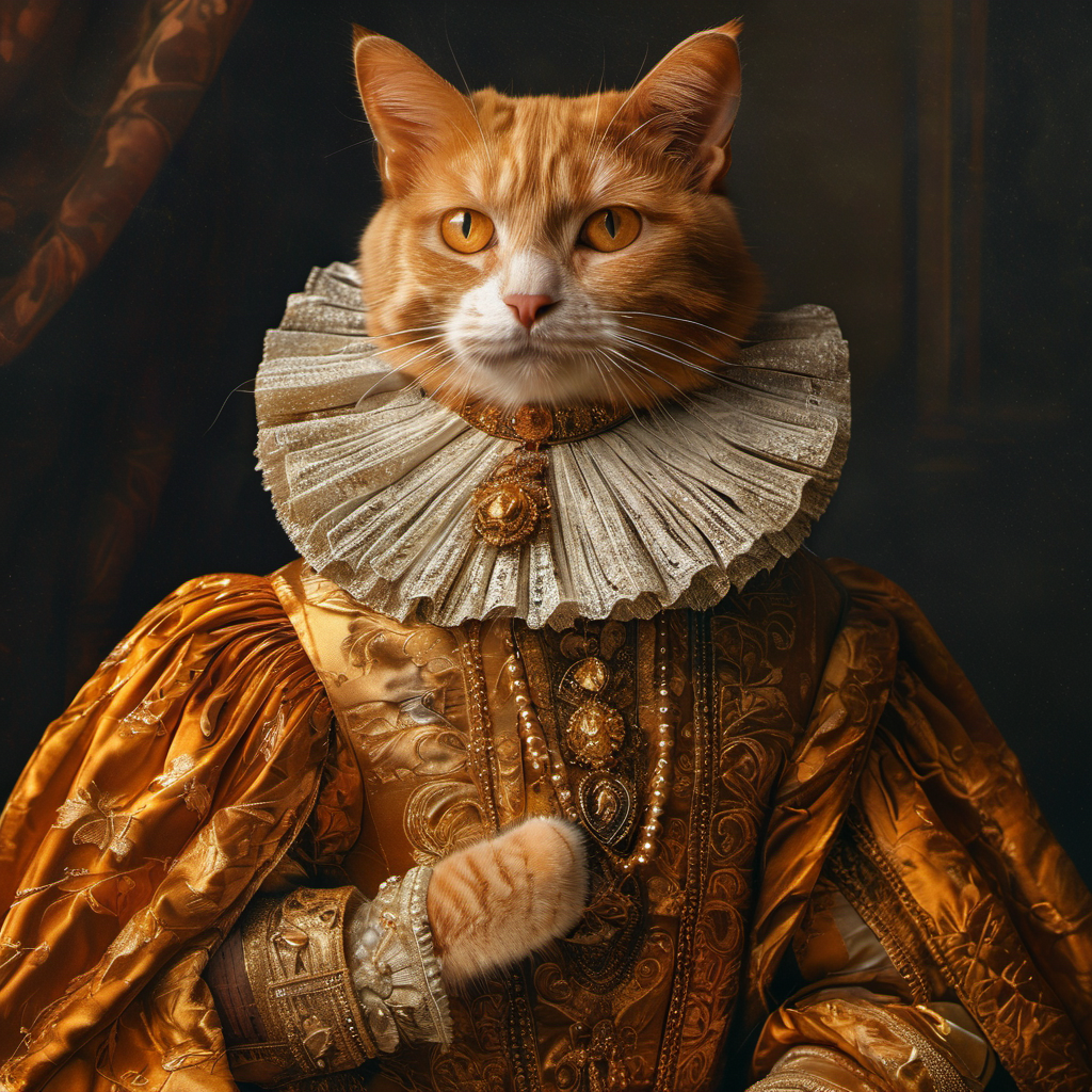 Midjourney prompt: Cat,orange tabby,renaissance costume,ruff collar,golden robe,studio portrait,nob...