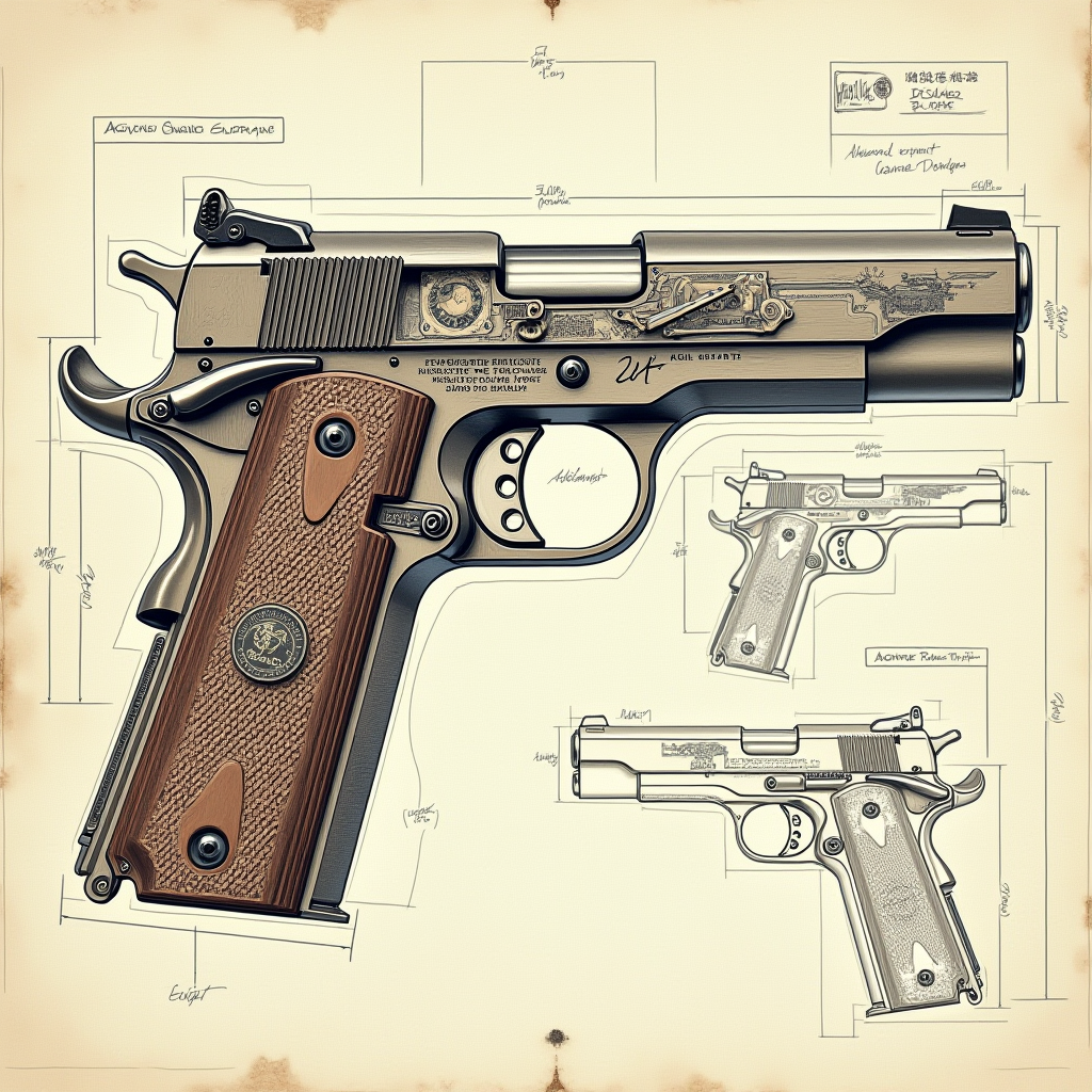 FLUX prompt: a colt 1911 pistol schematic showcasing a cutaway design that reveals its intern...