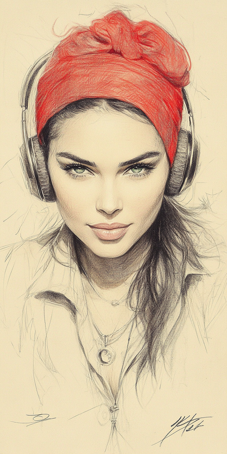Midjourney prompt: An expressionist charcoal sketch, a stunning woman with piercing blue-green eyes...