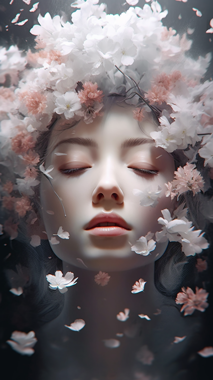 Midjourney prompt: A dreamy, serene anime face surrounded by delicate flowers and soft petals, Raph...