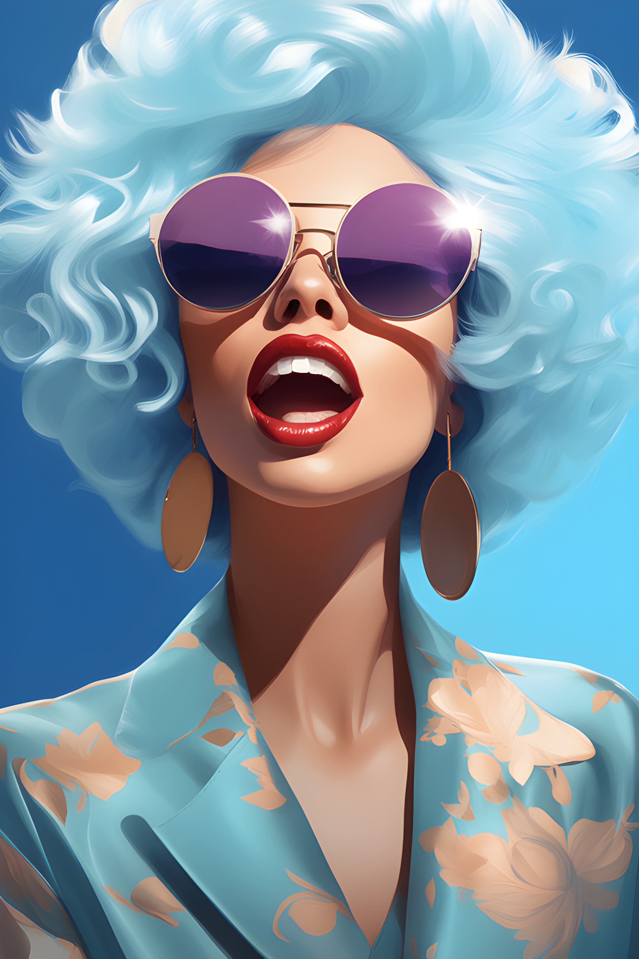 DreamShaper prompt: a close up of a woman with a blue wig and sunglasses, stunning digital illustrat...