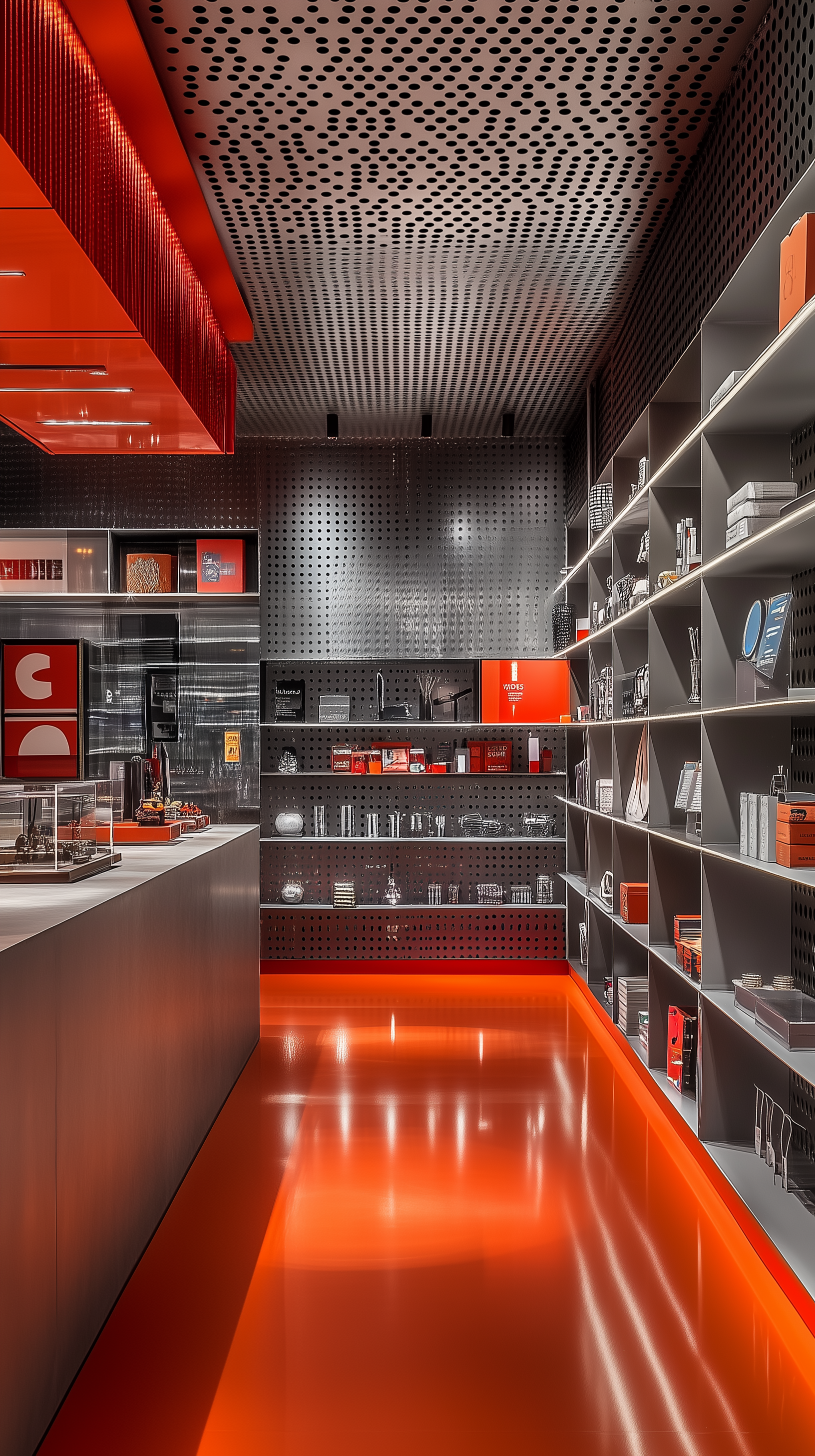 Midjourney prompt: vibrant modern commercial space, counter and layered metal shelves characterized...