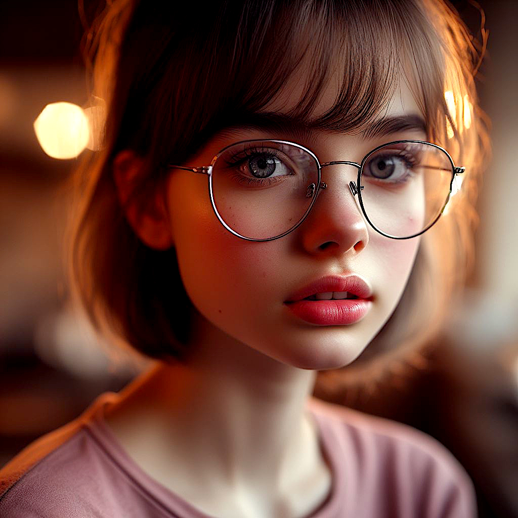 Realistic Vision V2.0 prompt: hyper realistic waist up portrait of a teen girl, wearing glasses (slim silver f...