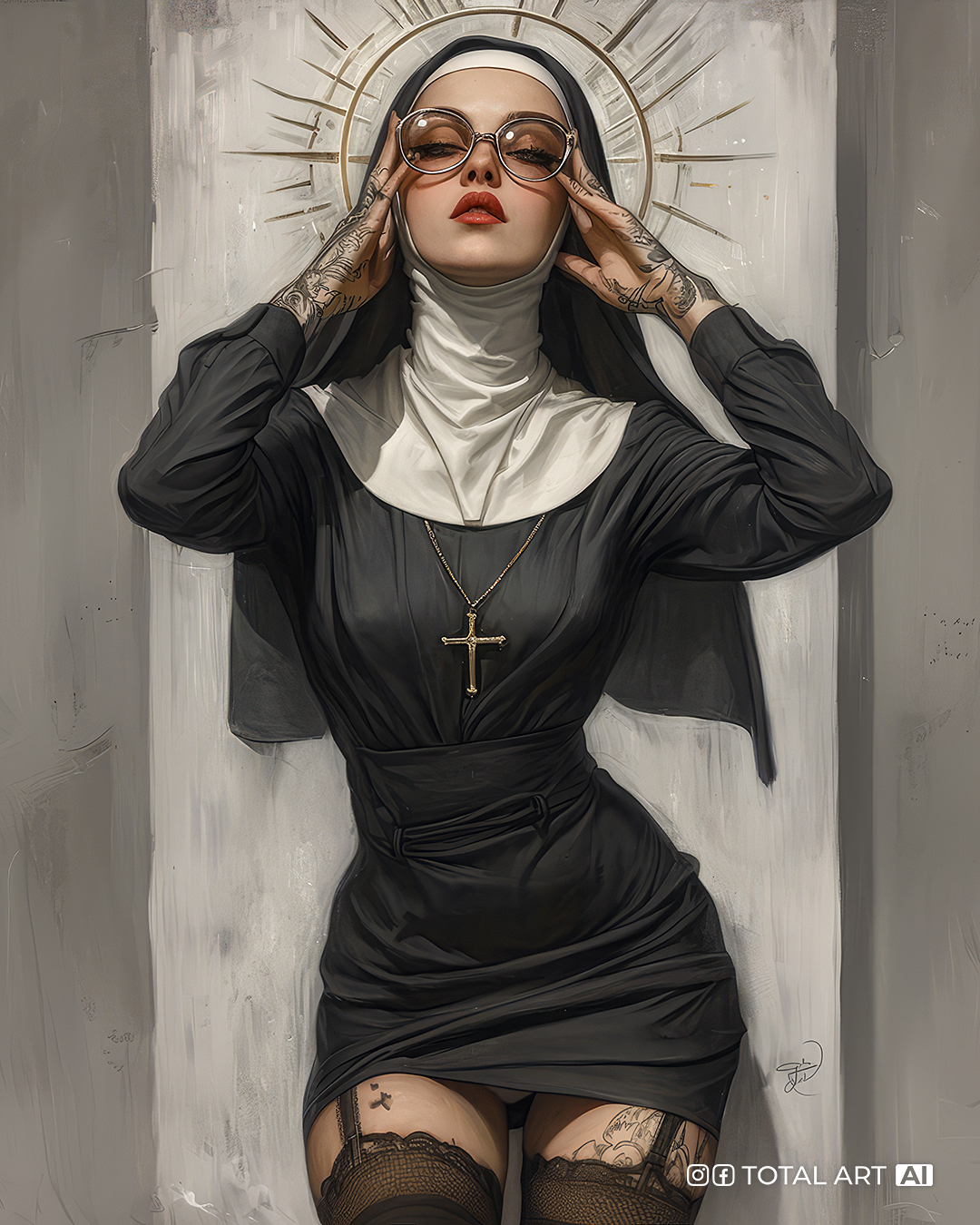 Midjourney prompt: An image of the babe nun with knee high socks on a white chalkboard, in the styl...