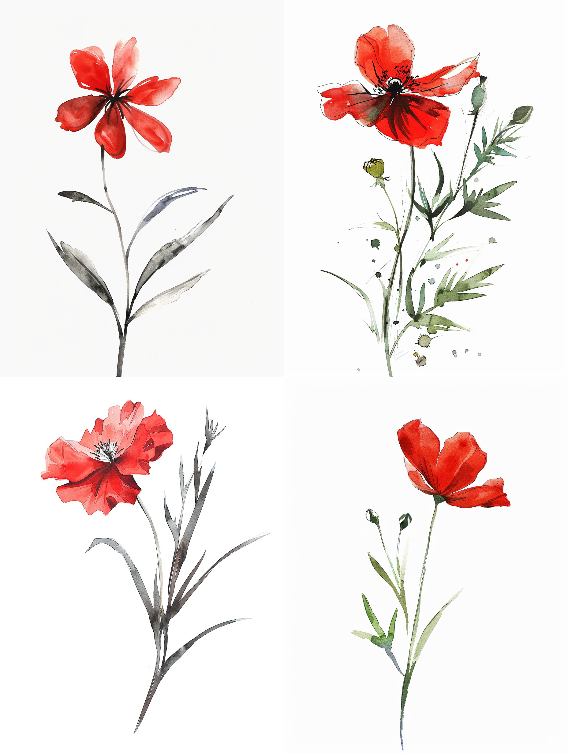 Midjourney prompt: illustration. Single red wild flower on a white background, simple, watercolour,...