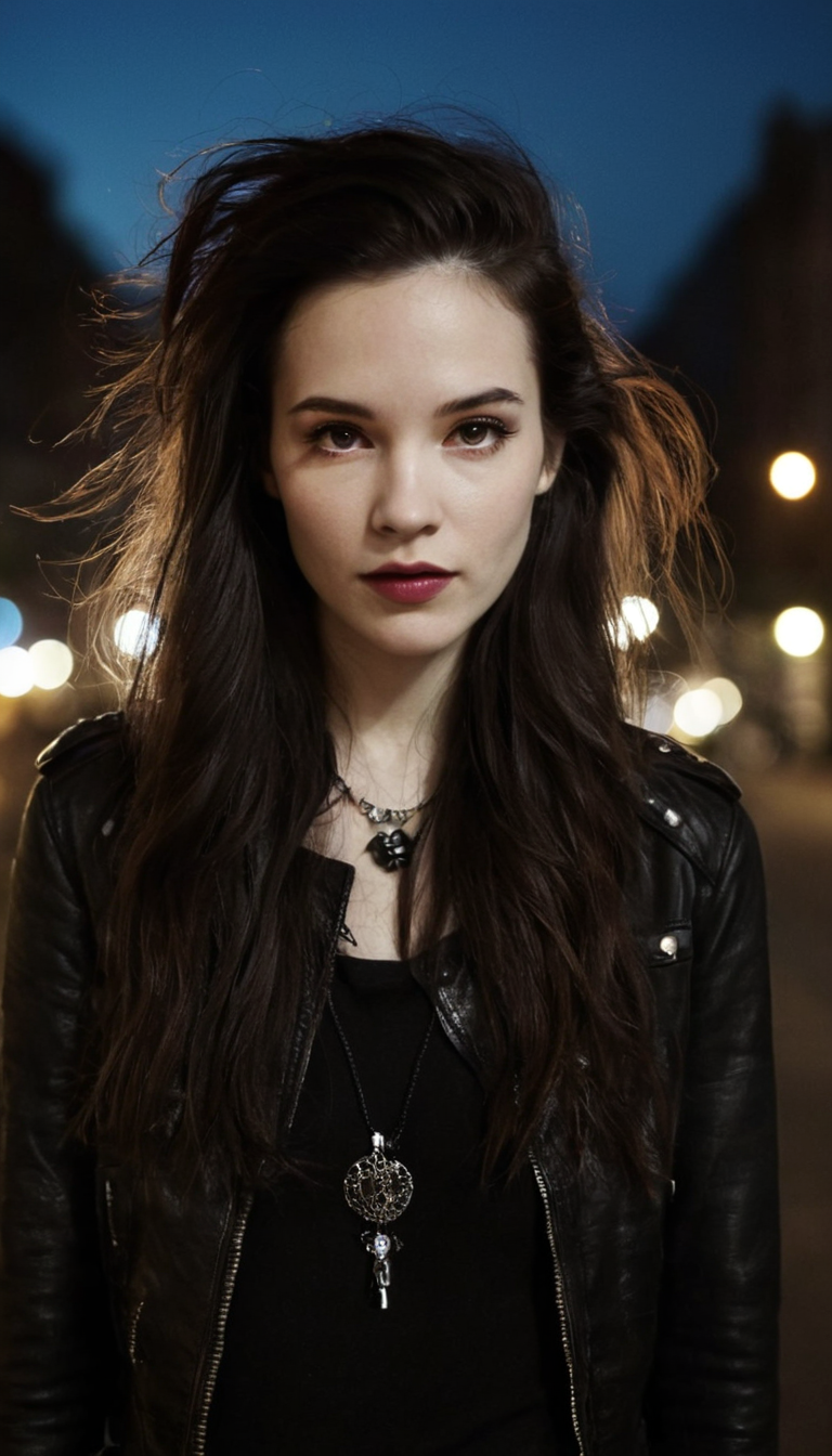 Stable Diffusion prompt: fashion editorial, a close portrait of beautiful darkhaired woman in leather jac...