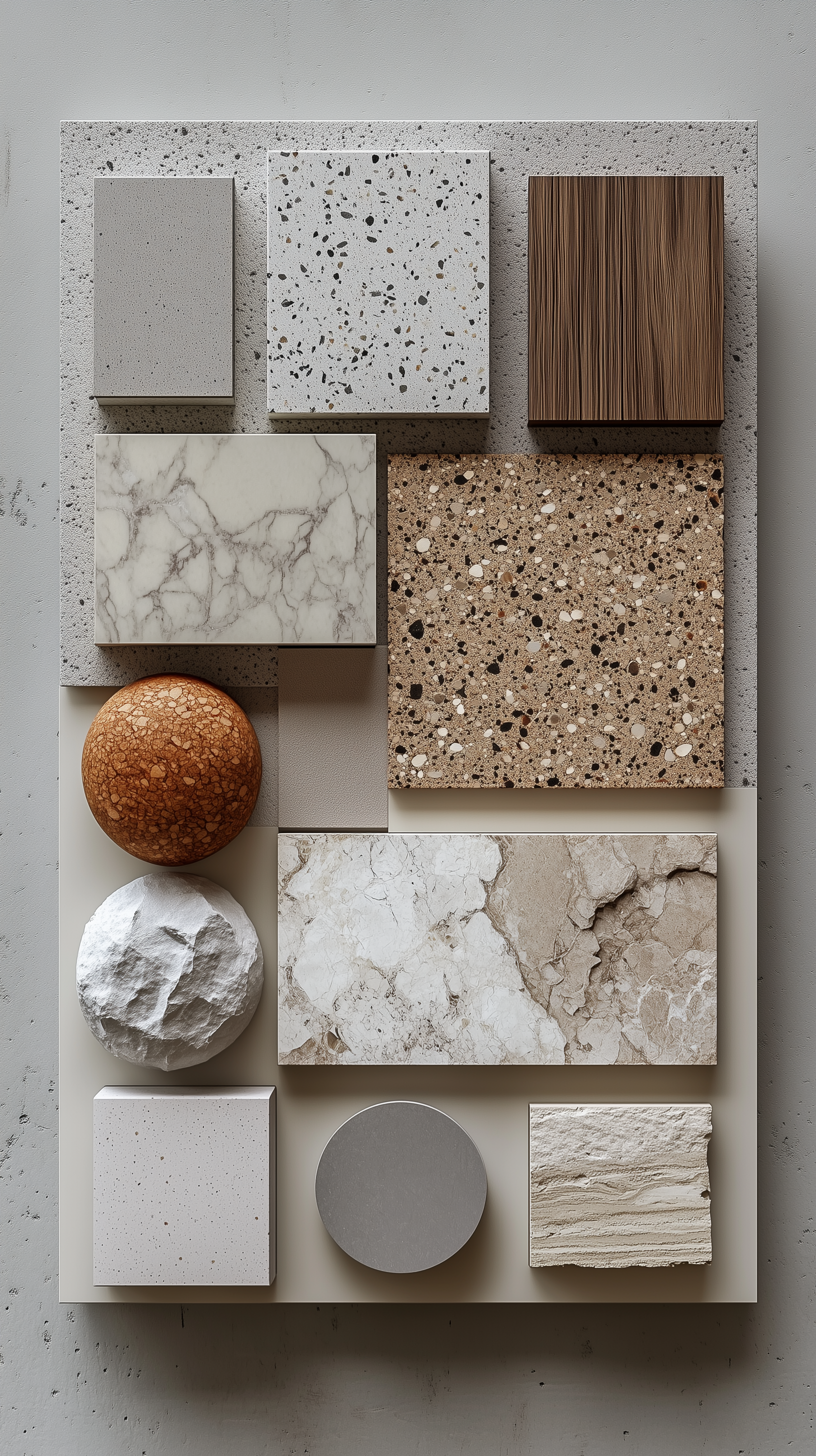 Midjourney prompt: detailed shot, photorealistic interior design mood board displaying 8 distinct a...