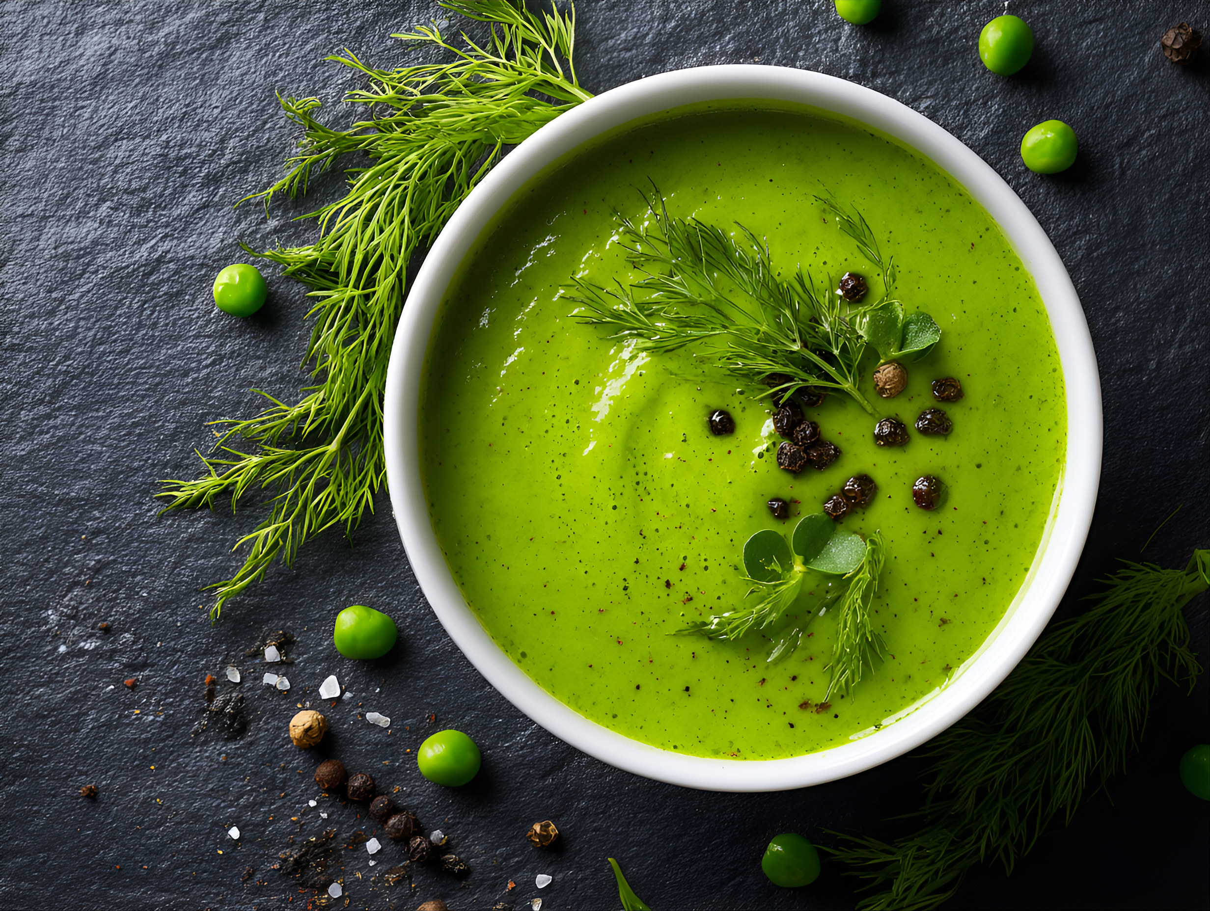 Midjourney prompt: vibrant green soup, smooth and creamy, garnished with fresh dill sprigs and smal...