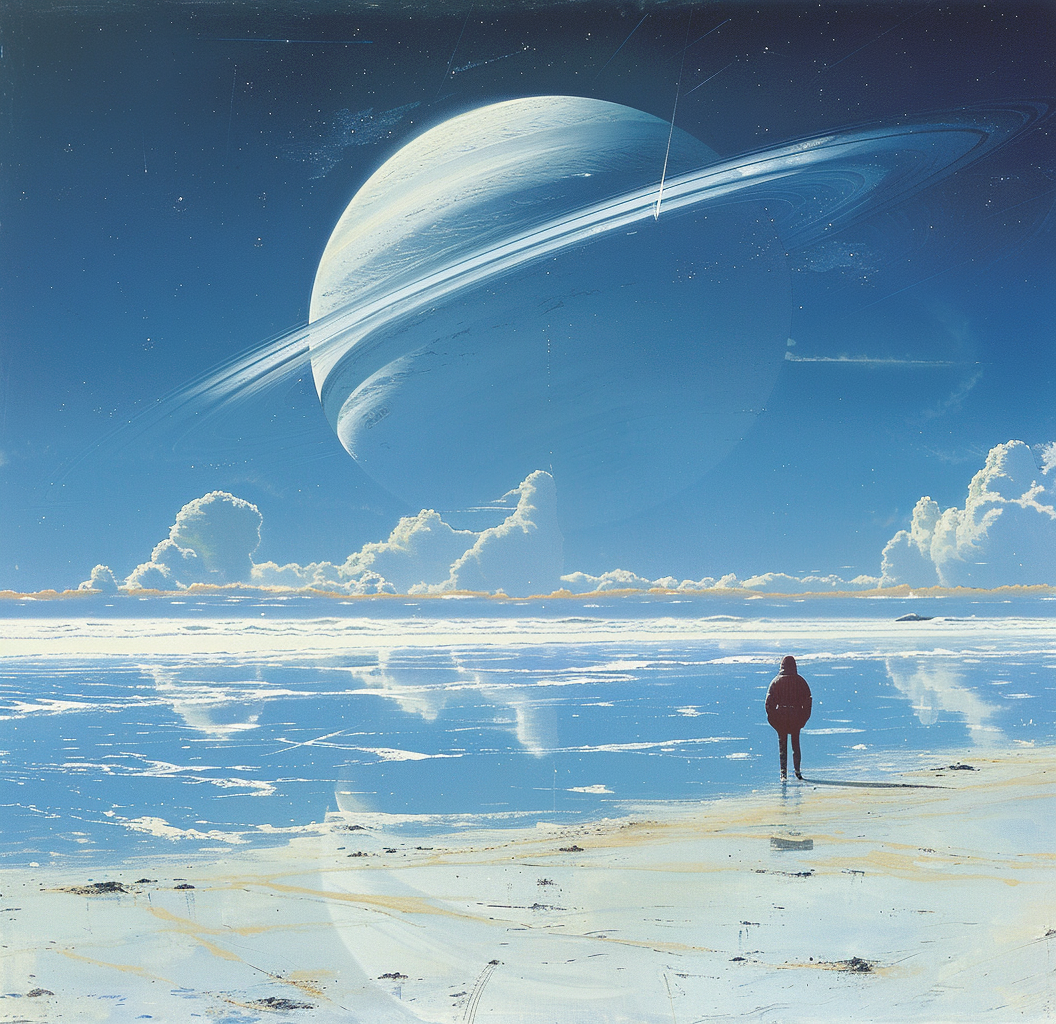 Midjourney prompt: A man stands on the beach, looking at Saturn in space, a huge planet with rings ...