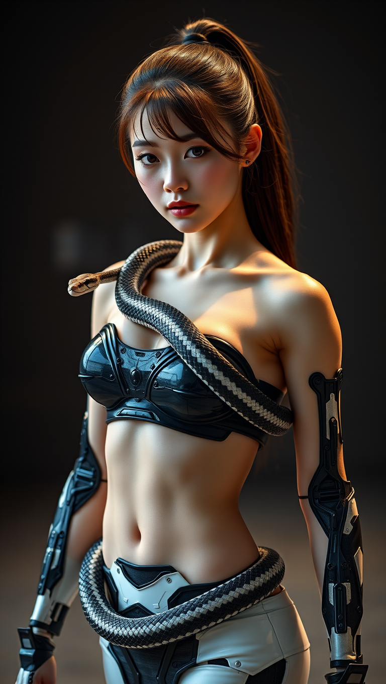FLUX prompt: A photo of pretty 1/2 human - 1/2 robot Asian Cyborg girl with long, with an abs...