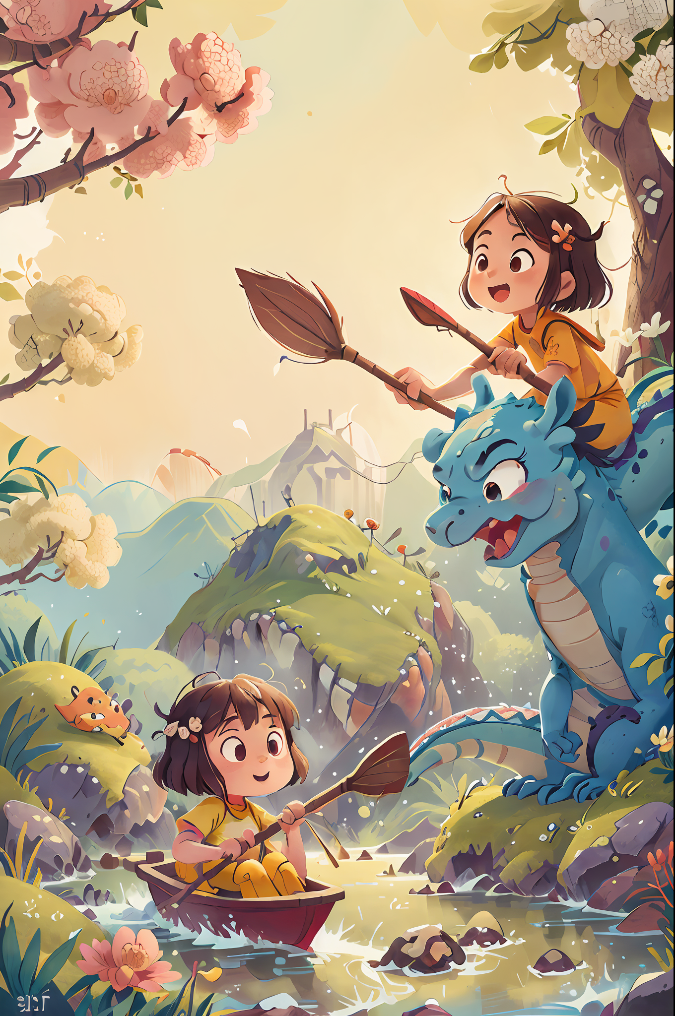 ReV Animated prompt: Poster design, (SFW), two rowing girls, Chinese dragon, spring outing, happy, ba...