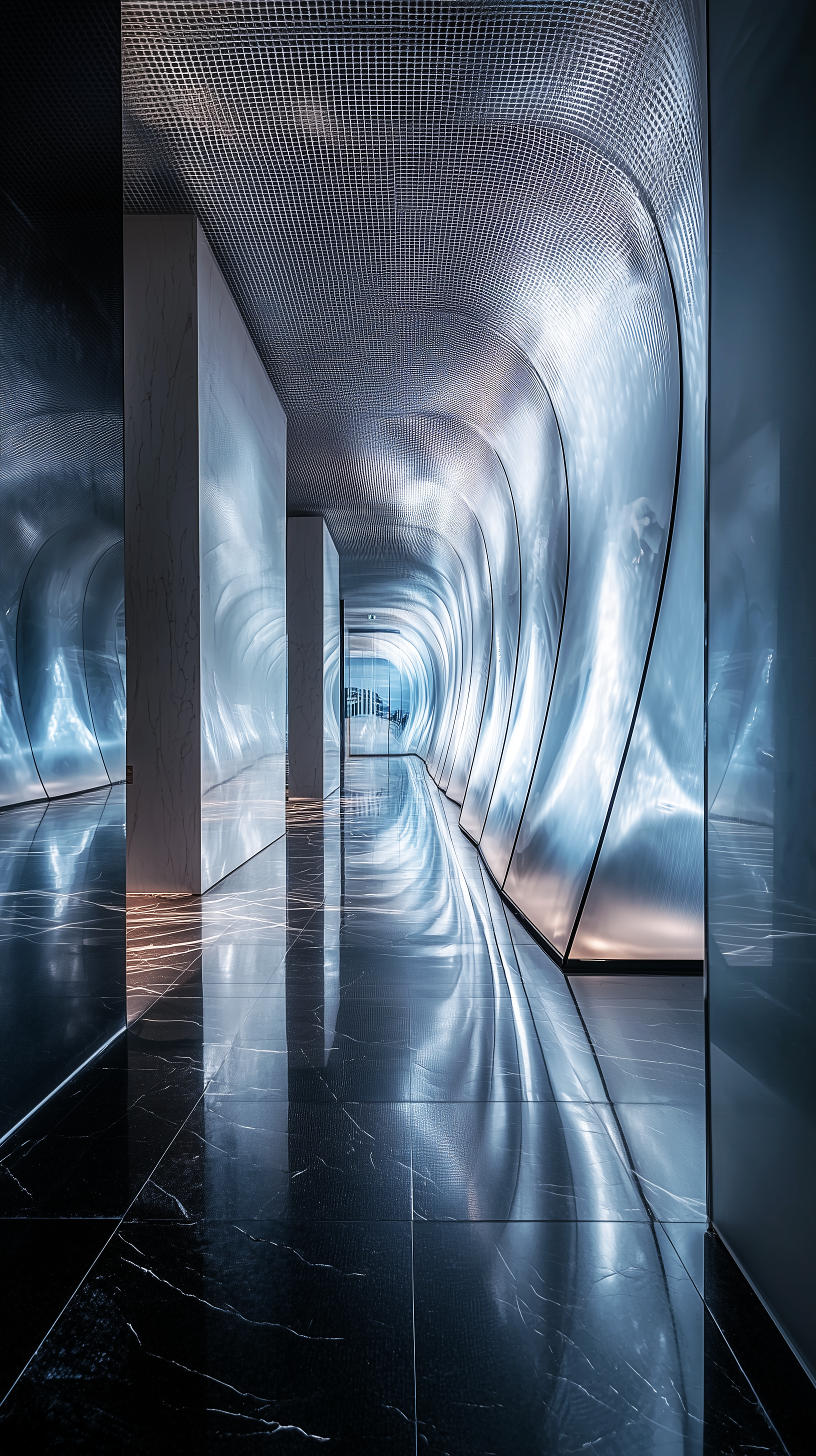 Midjourney prompt: contemporary art gallery entrance with cascading light sculptures, minimalist cu...