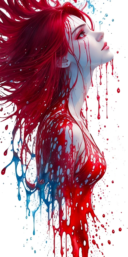 DreamShaper prompt: A half body portrait of a woman made of blood, half body is submerged in blood, ...