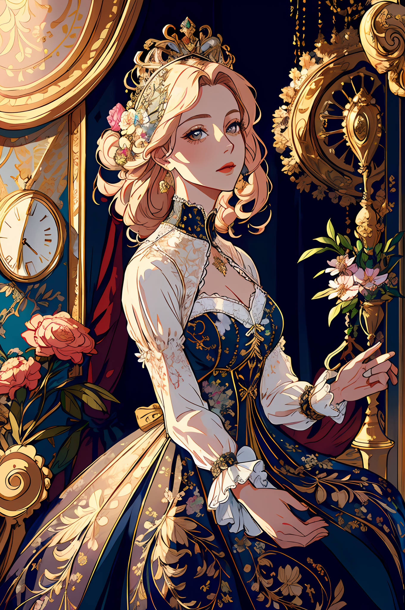 Deliberate prompt: (royal, woman, highly detailed clothes adorned with laces and floral elements, l...