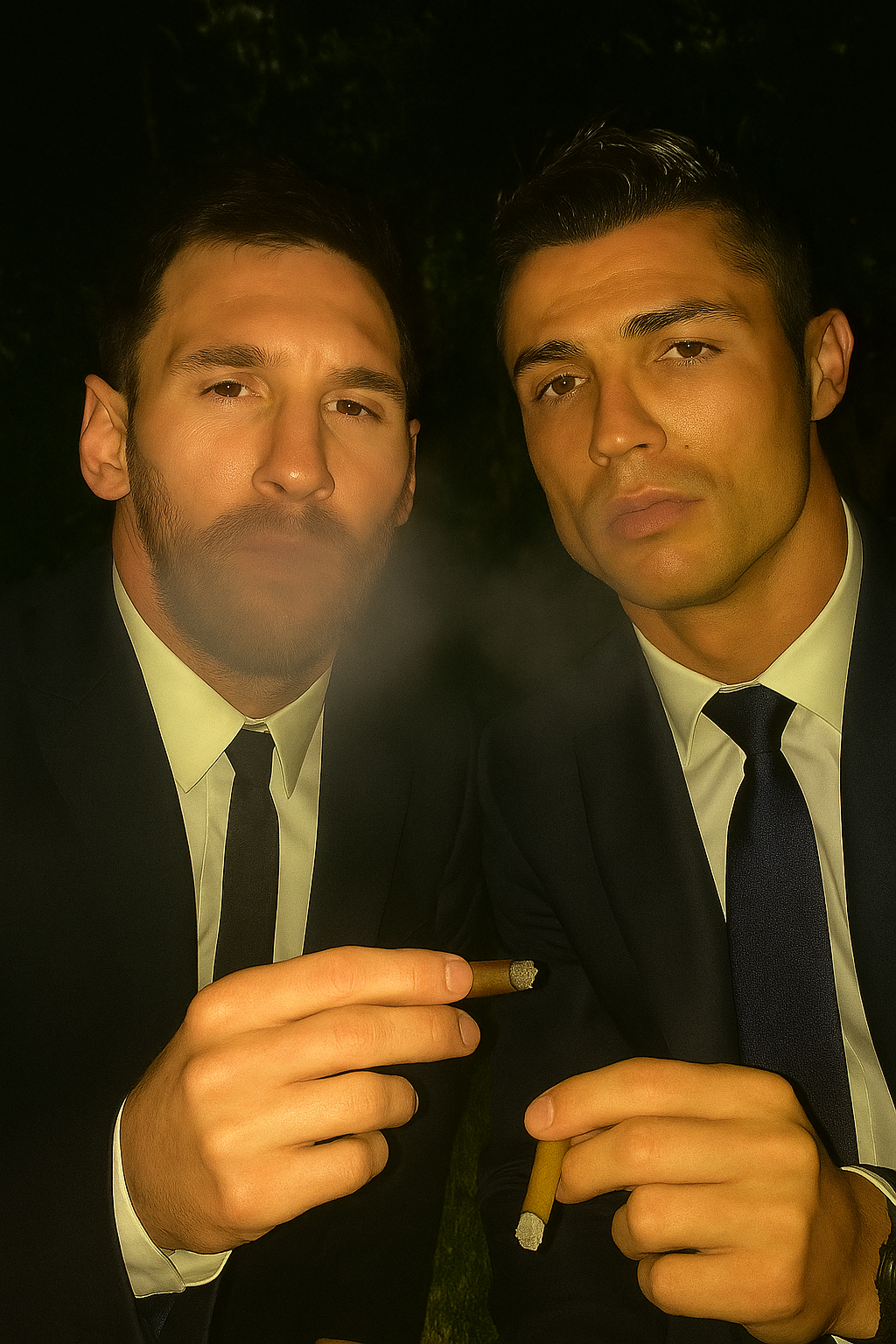 ChatGPT Image prompt: A lo-fi 2010s iPhone 5 selfie of Lionel messi with cristiano ronaldo , no clear ...