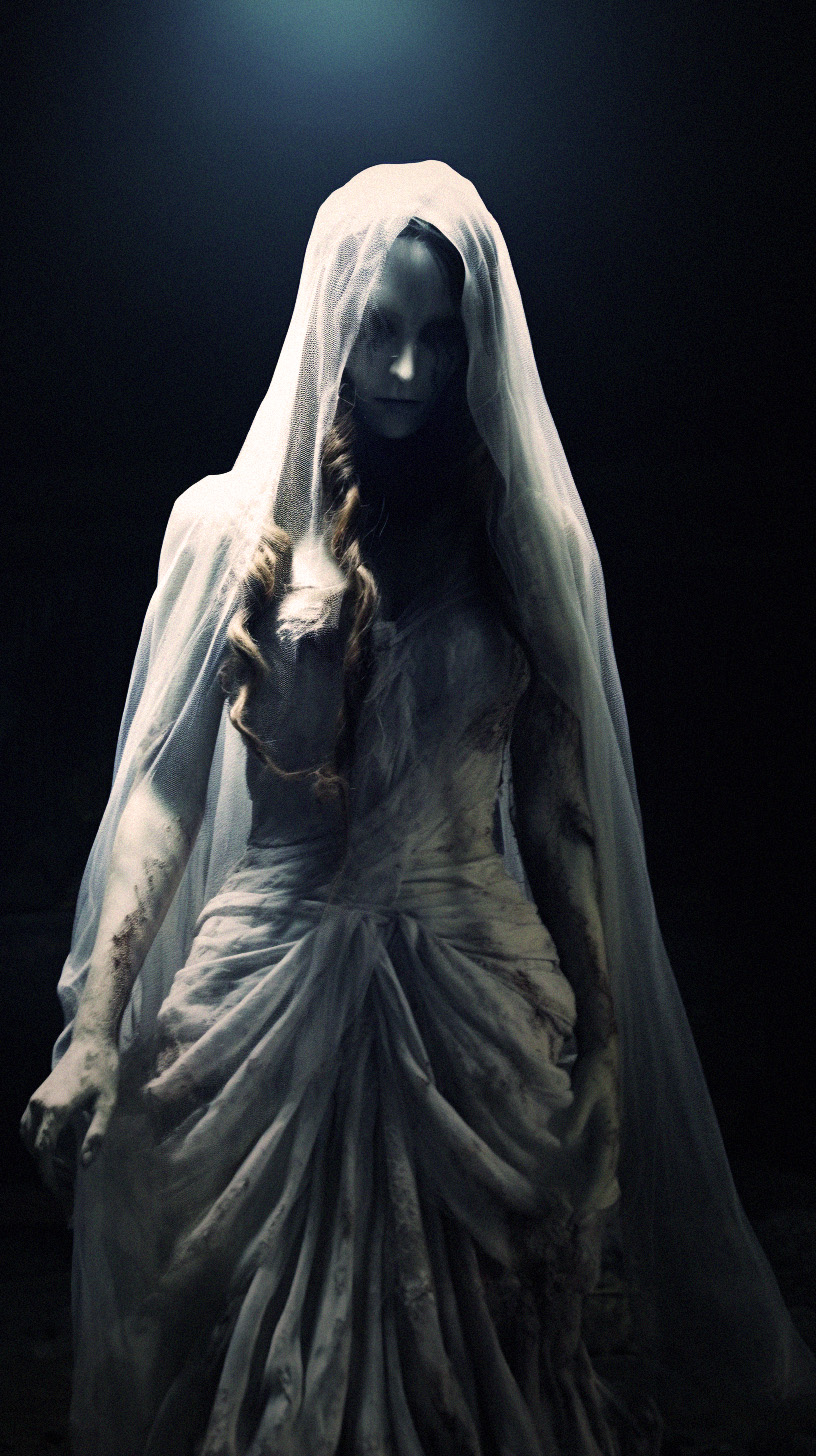 Midjourney prompt: Ghost bride, black tears, tattered bridal gown, subtle illumination, horror, dar...