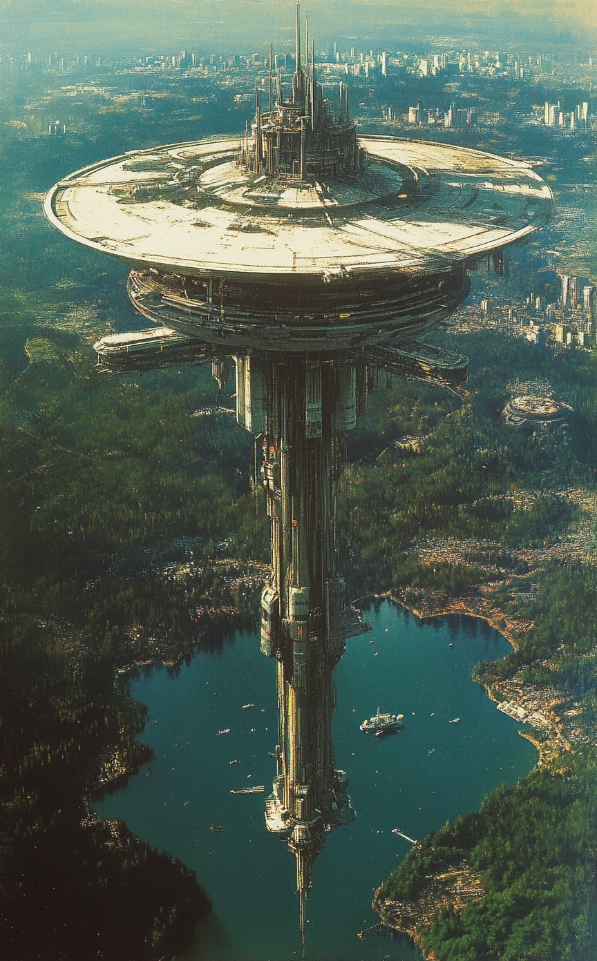 Midjourney prompt: A large, spire-like space station floating above the Earth's surface, with fores...