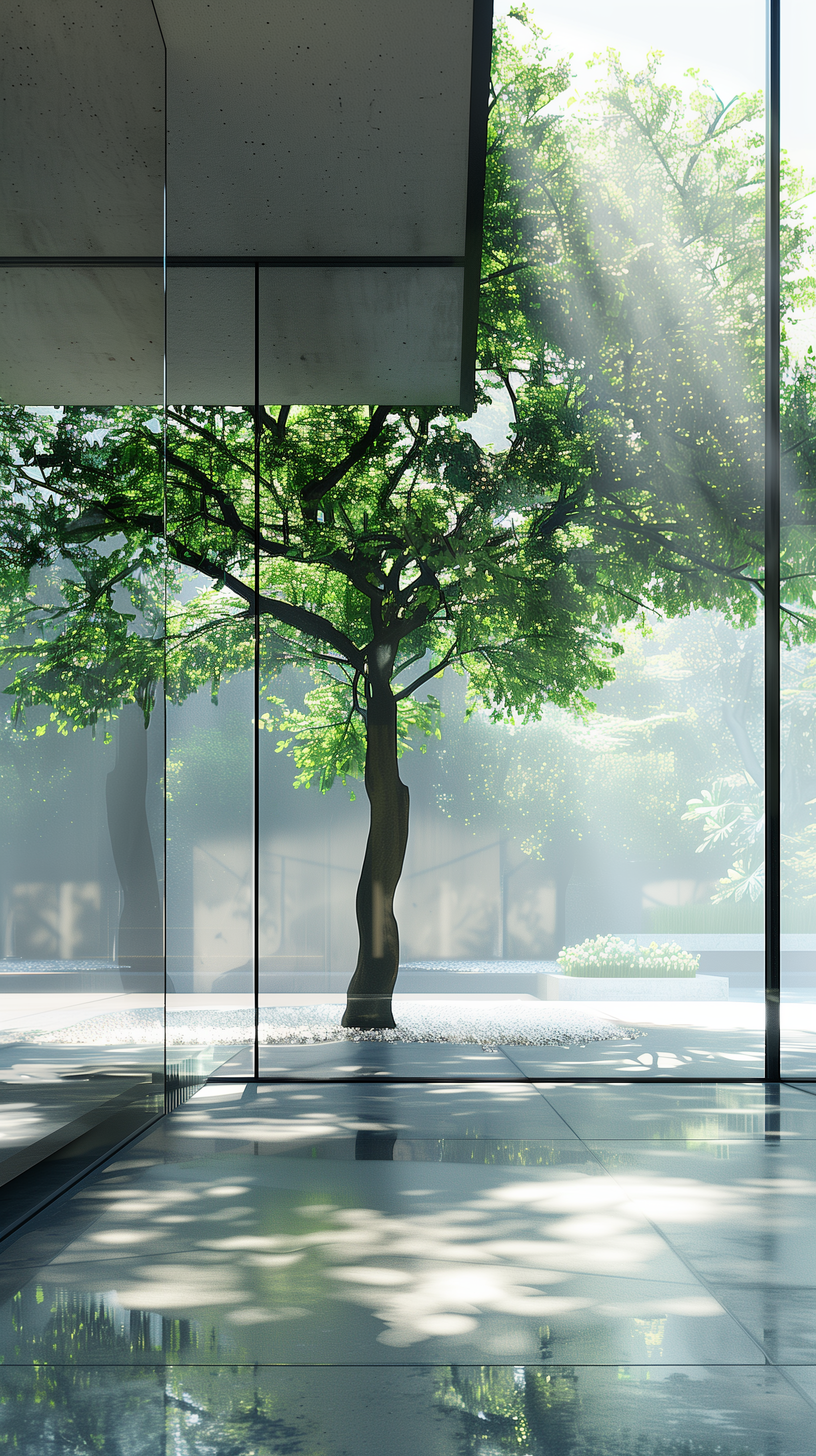 Midjourney prompt: photorealism, eye-level view, modern architectural space featuring a mature tree...