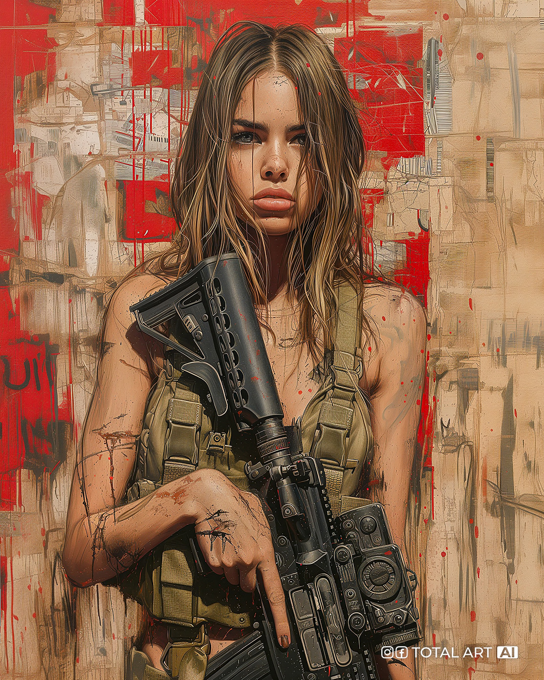 Midjourney prompt: A woman in a heavy armor holding weapons, in the style of industrial paintings, ...
