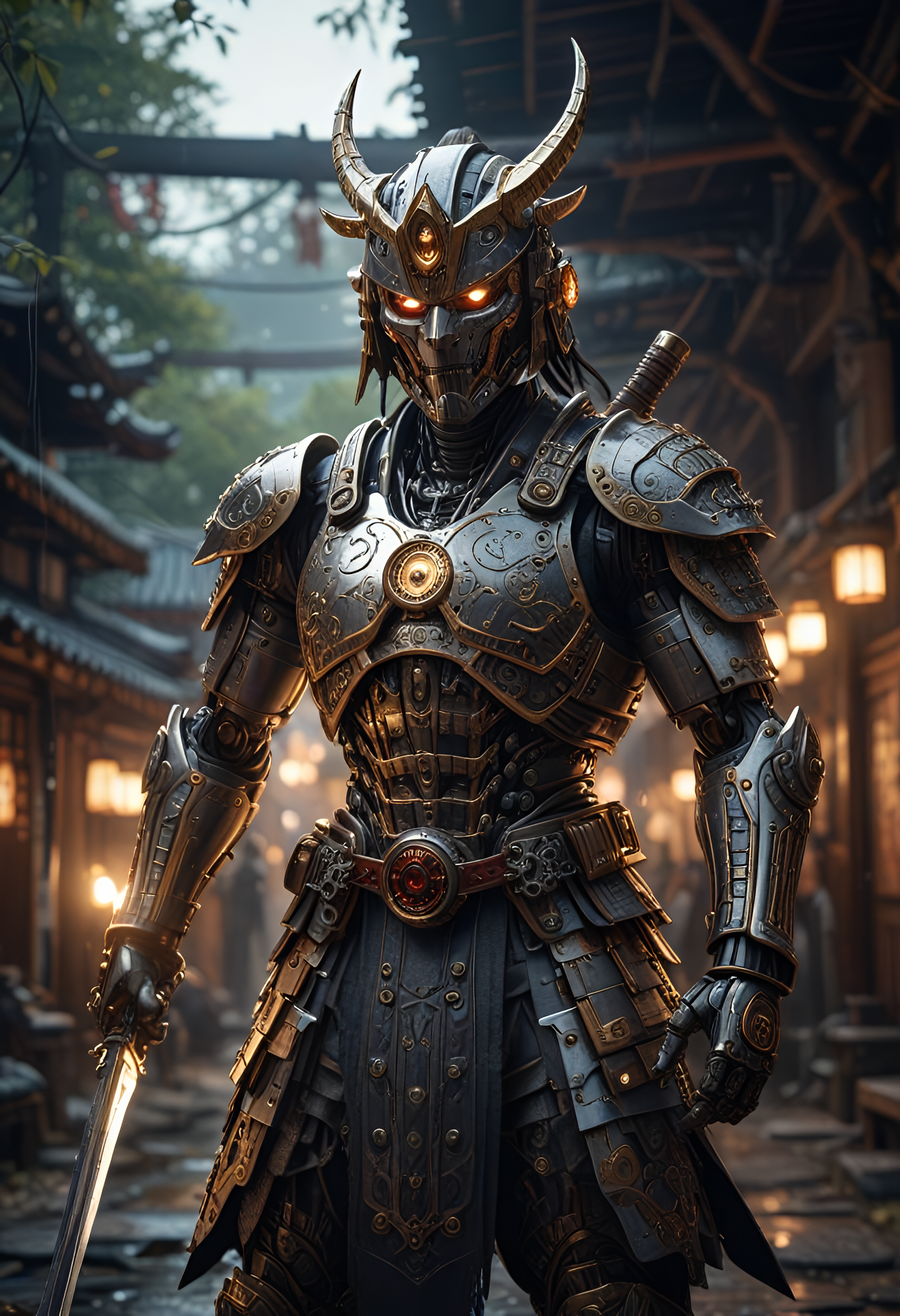 Stable Diffusion prompt: a cyborg samurai in an ancient japanese ambiente,dynamic lights,lensflare,very b...