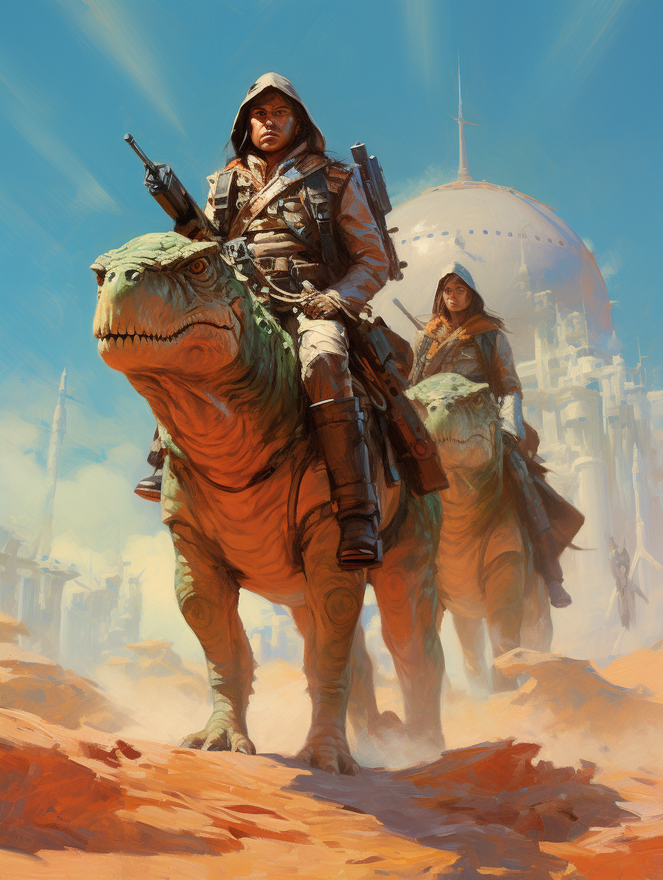 Midjourney prompt: A scifi fantasy scene in the style of Donato Giancola, featuring two adventurers...